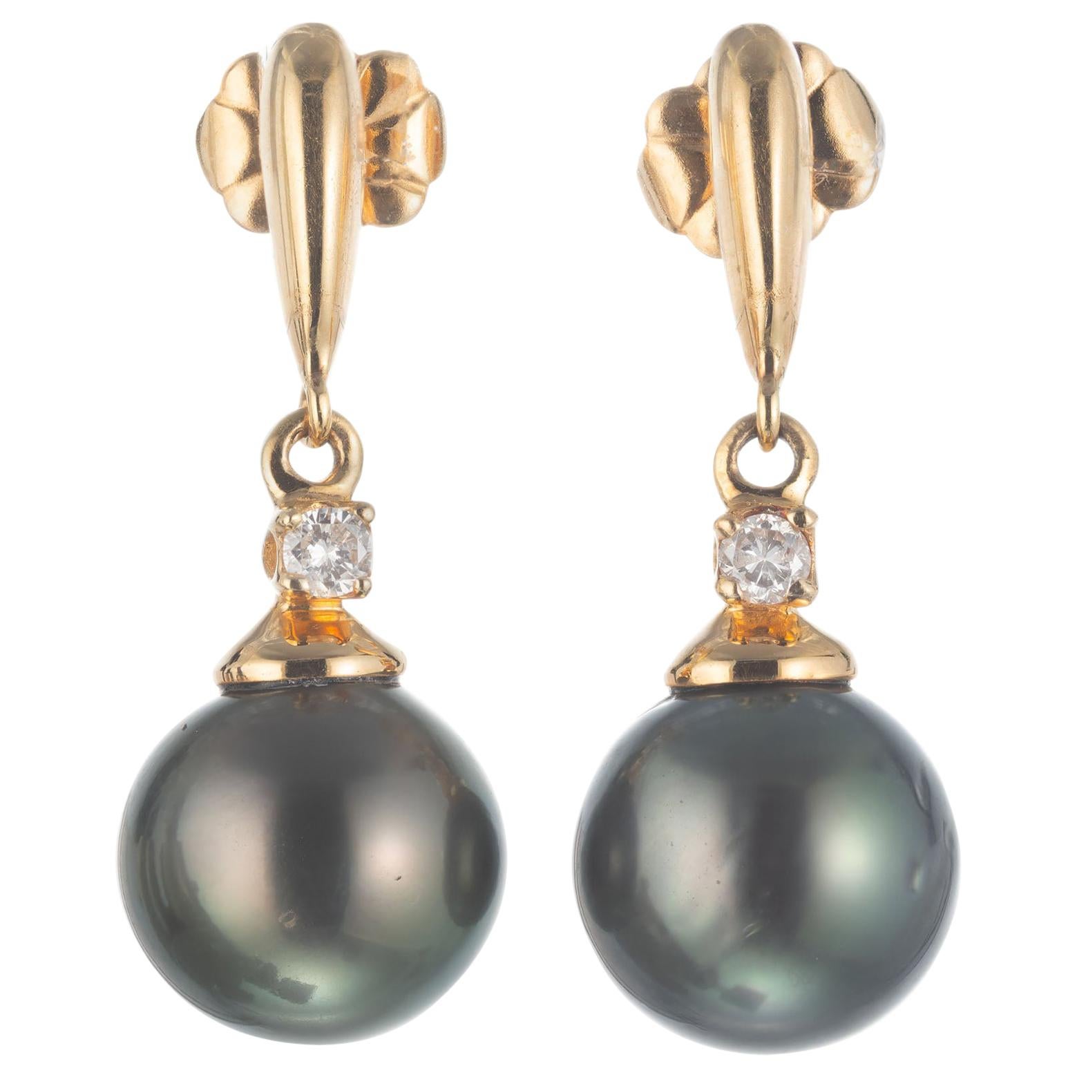 .10 Carat Diamond Black Cultured Pearl Yellow Gold Dangle Earrings