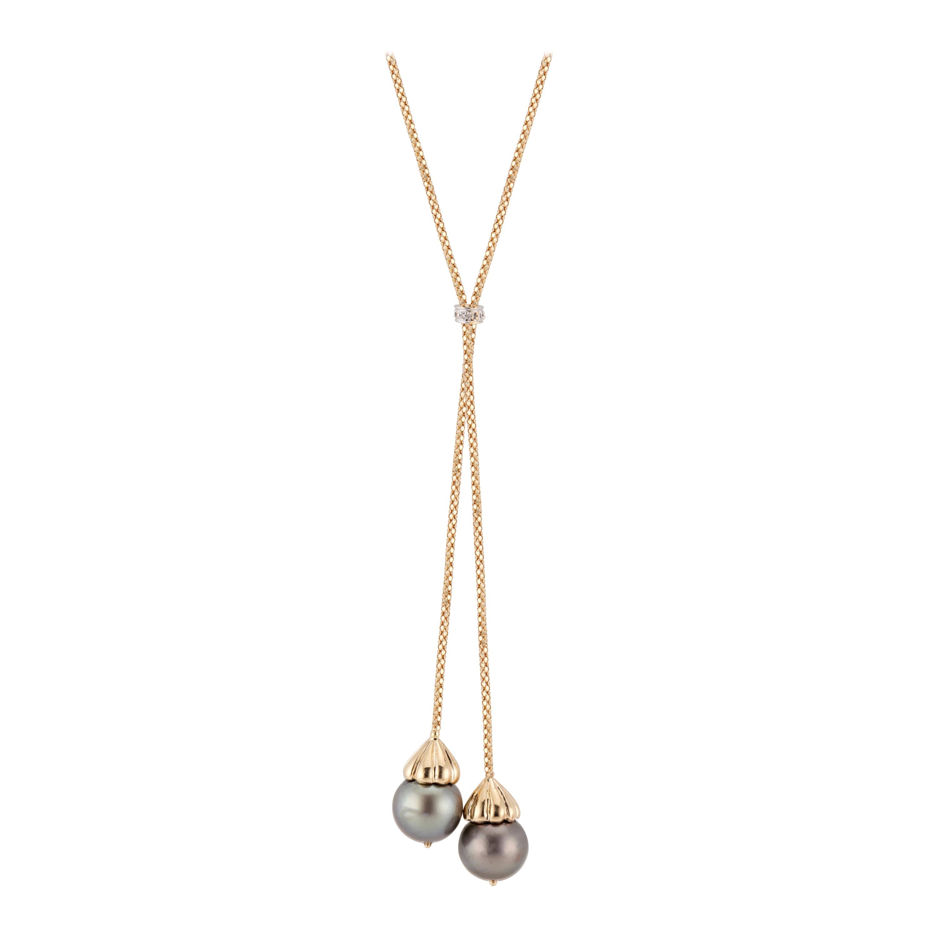 10 Carat Diamond Black South Sea Pearl Gold Y Drop Pendant Necklace For Sale