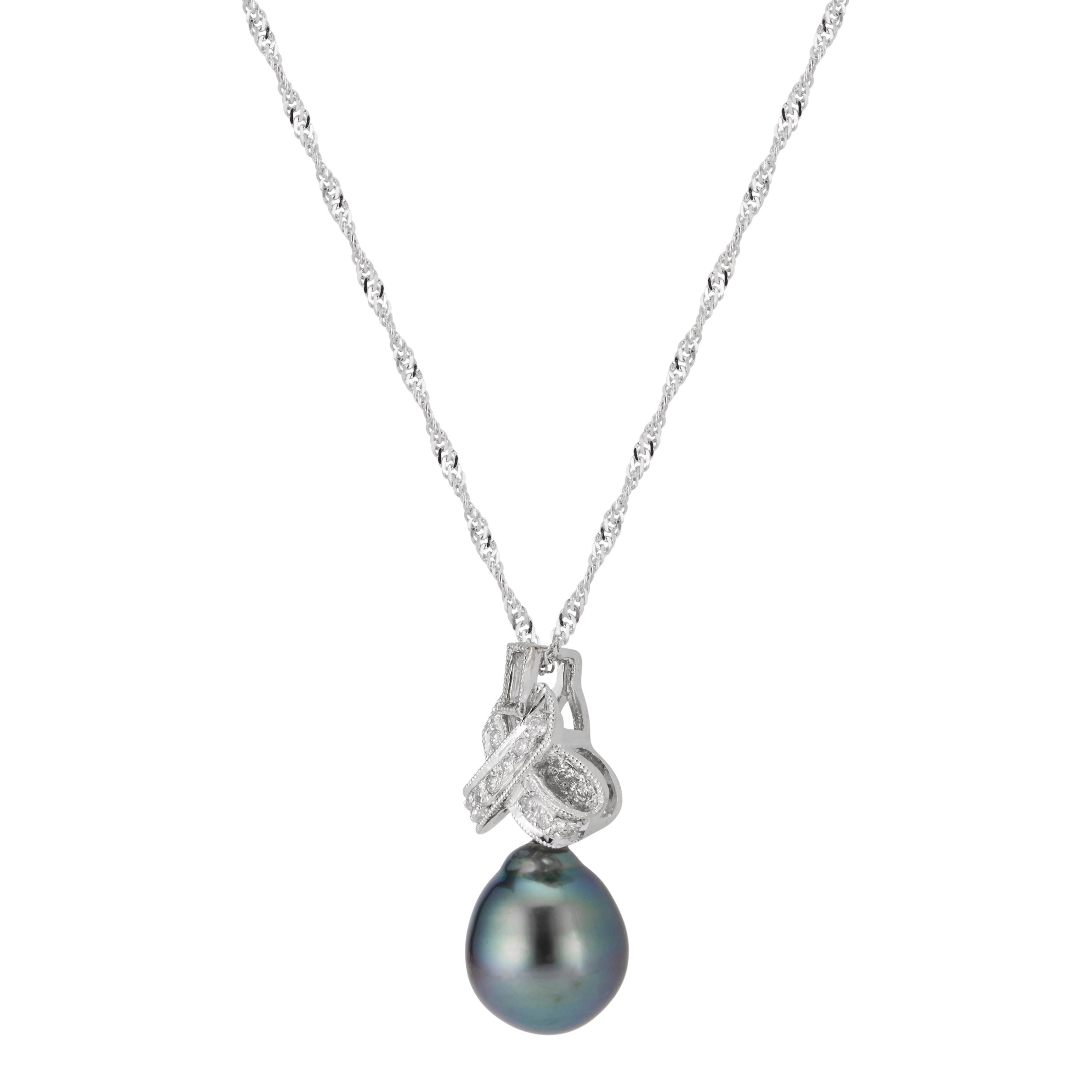 Black cultured south sea pearl and diamond necklace. Tear drop shaped black cultured South Sea pearl in a bow design 14 white gold pendant set with 16 round and 1 baguette diamond. 16 inches. 

1 grey/black South Sea pearl, 9.3mm- 10.8mm
16 round