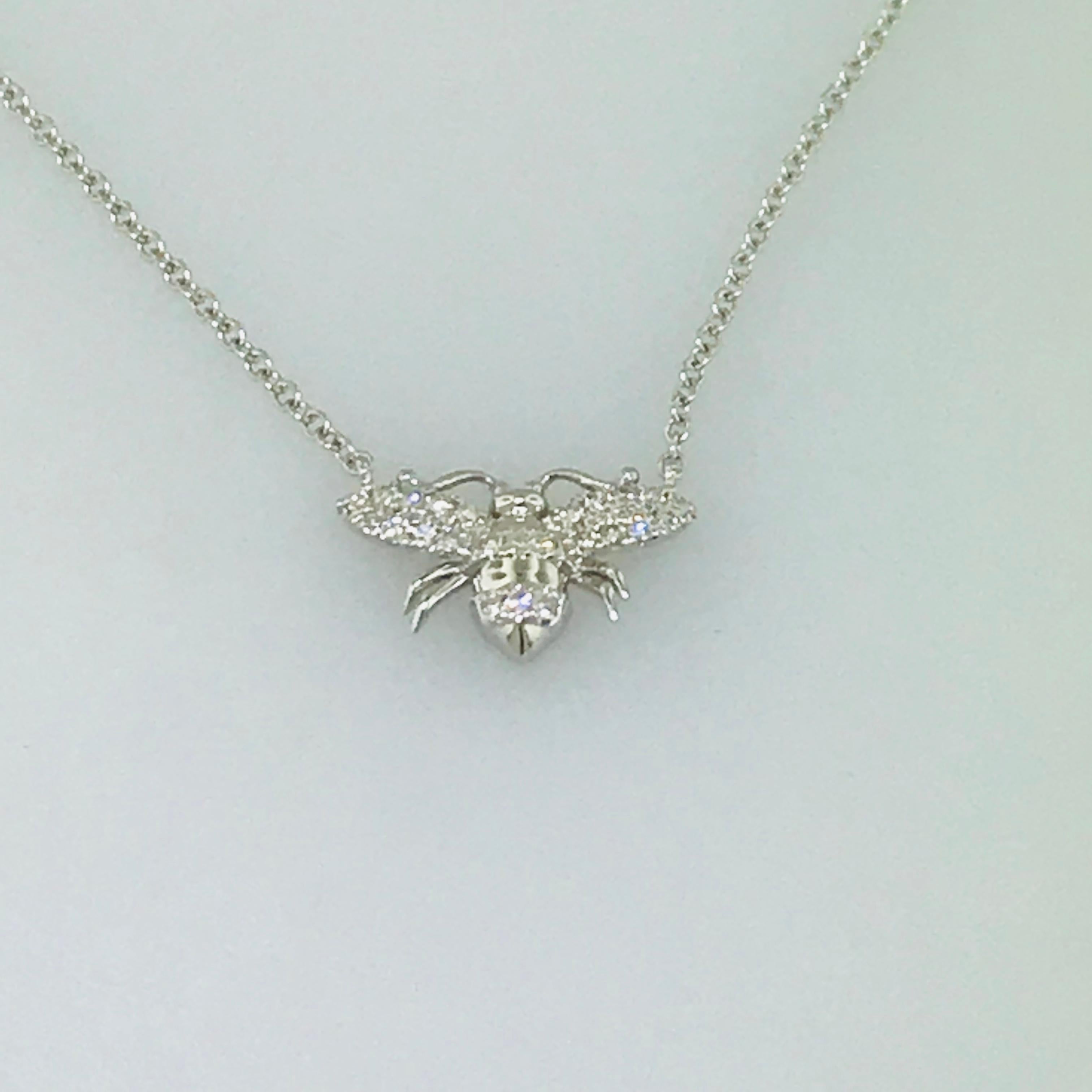 How cute is this diamond bee necklace? It is truly “bee-utiful”! What a great piece to wear everyday or a great gift for someone special. This adorable diamond bee necklace has personality and bling! The bee 1.4 inch wide and sits nicely alone or