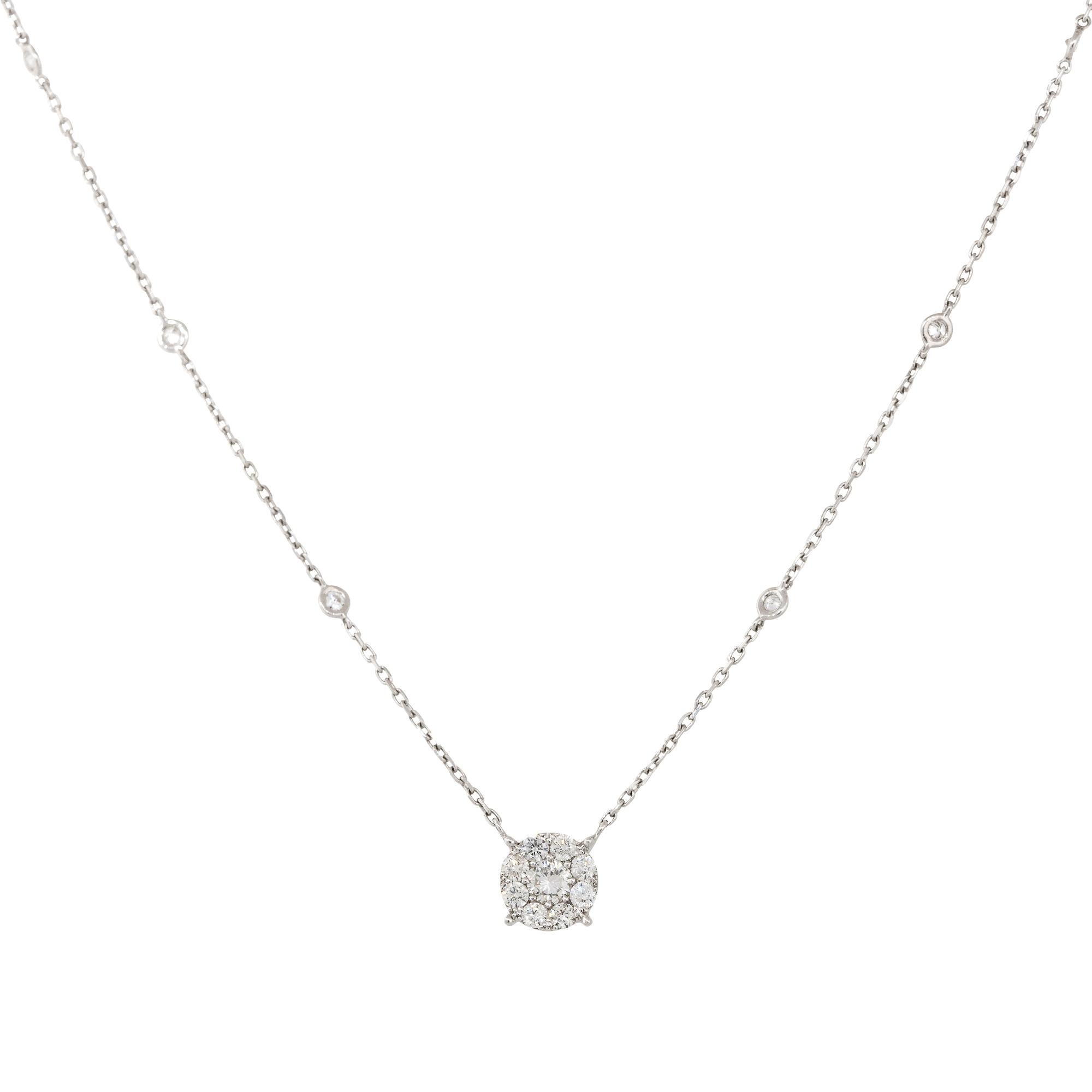 18k White Gold 1.0ctw Diamond Cluster Diamond Station Necklace

Material: 18k White Gold
Diamond Details: Approximately 1.0ctw of Round Cut Diamonds
Diamond Stations: There are 8 bezel set diamonds set onto the chain
Total Weight: 3.8g