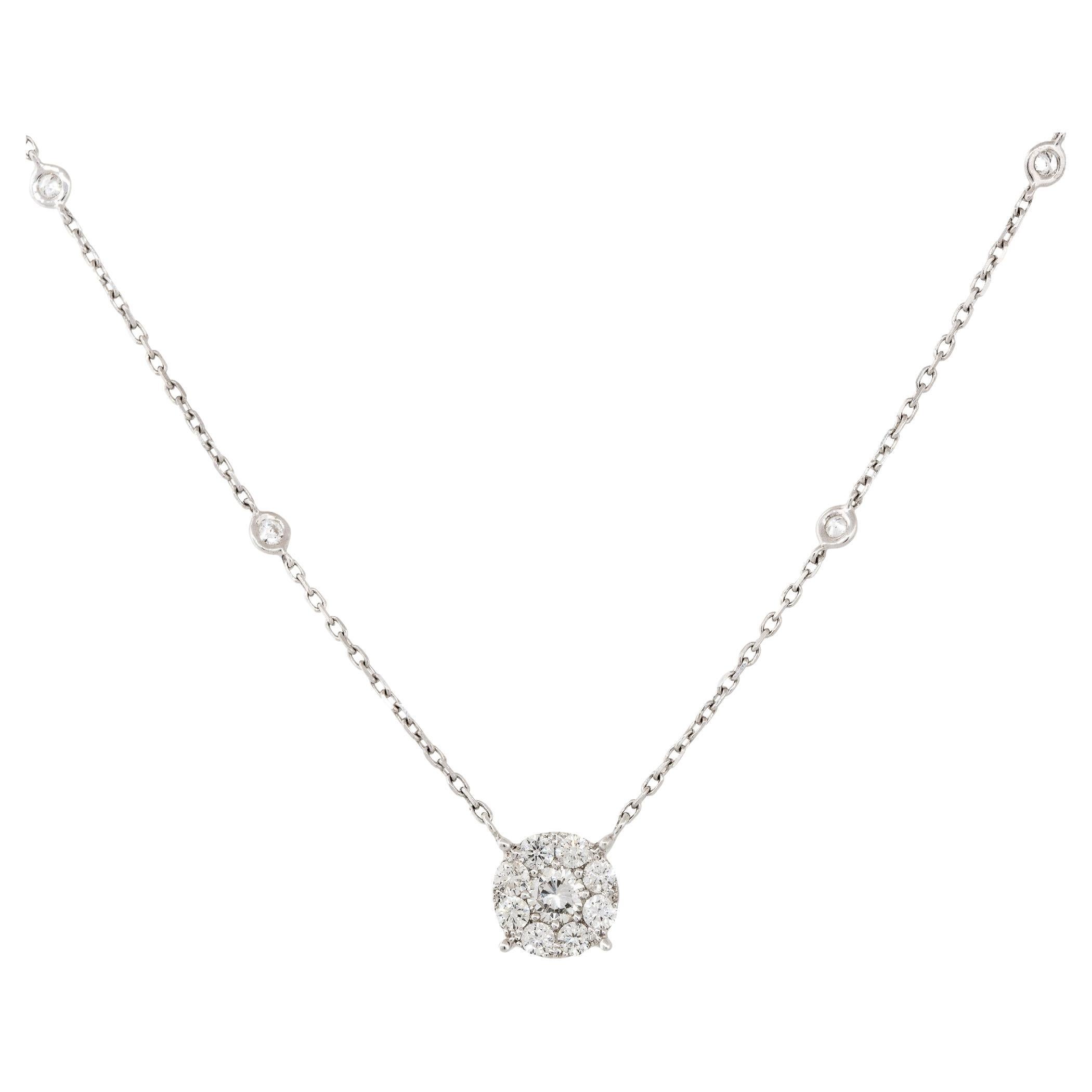 1.0 Carat Diamond Cluster Diamond Station Necklace 18 Karat in Stock For Sale