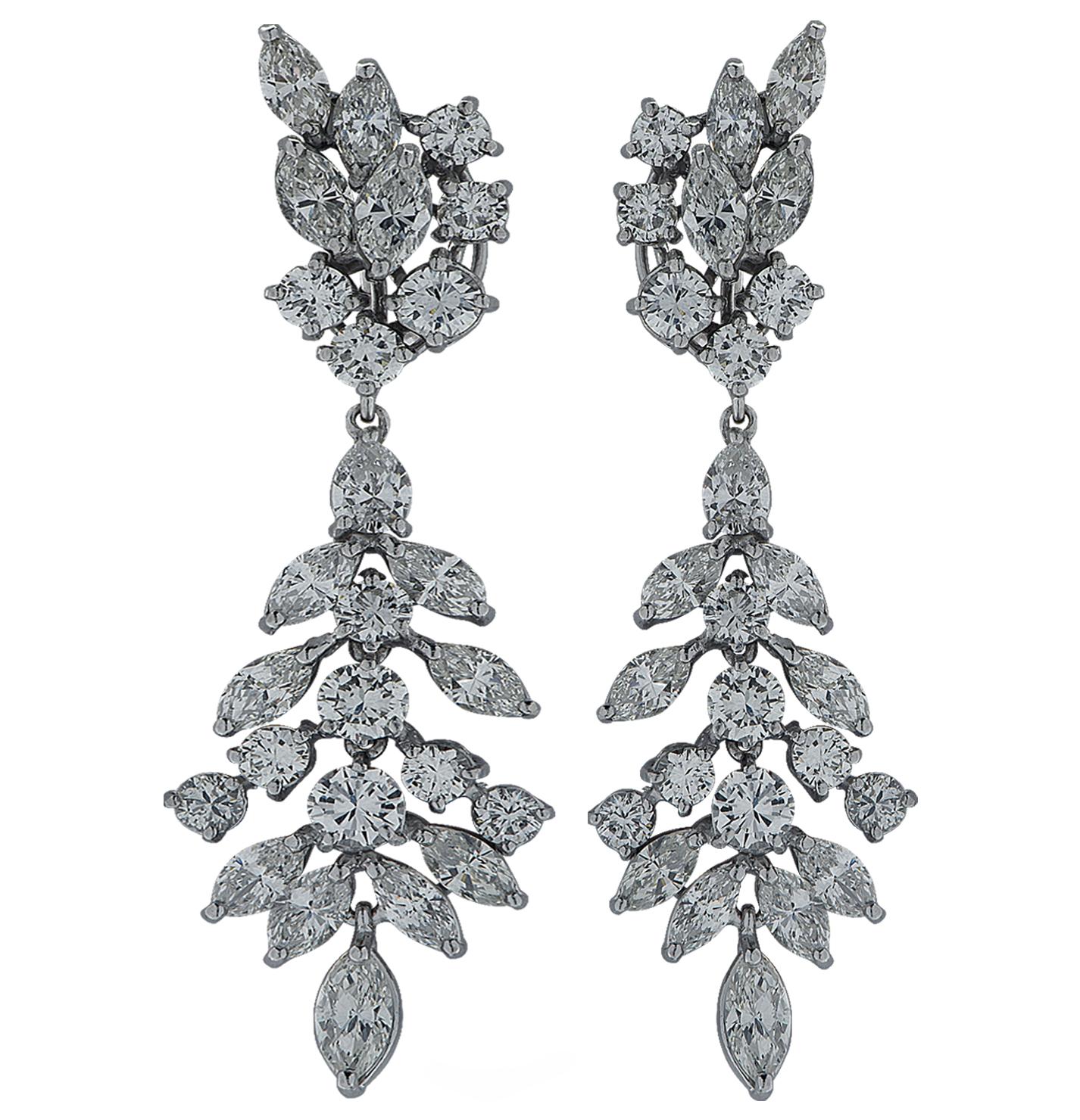 Dazzling Diamond Dangle Earrings crafted in platinum showcasing a stunning collection of 52 round brilliant cut and marquees cut diamonds weighing approximately 10 carats total, G-H color, VS-SI clarity, measuring 2.25 inches in length and 0.66