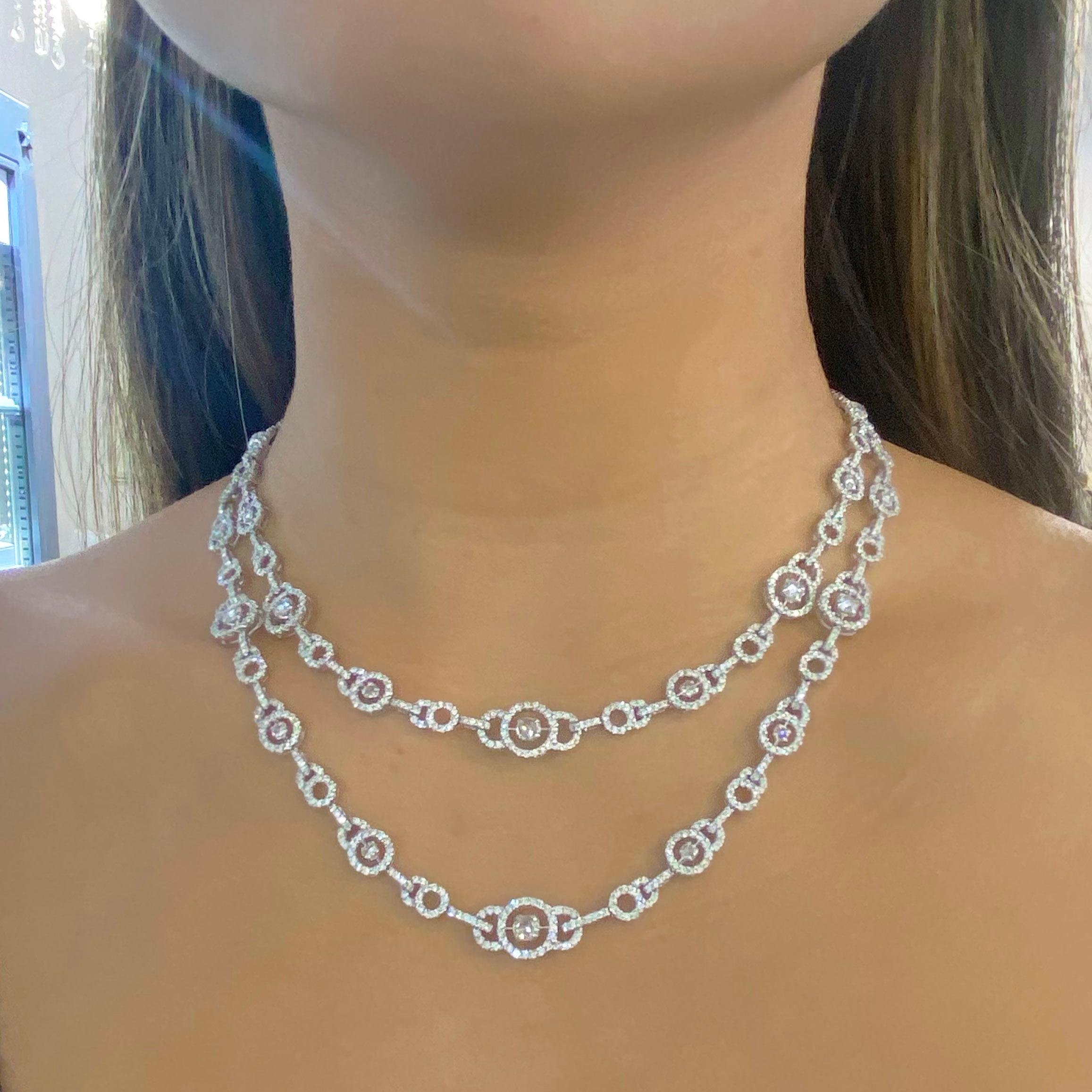 This iconic necklace is an original that has over 800 diamonds that have a total weight of over 10 carats. The necklace hangs perfectly on any neck size with sparkle from every direction! If you want people to notice you, this diamond necklace is
