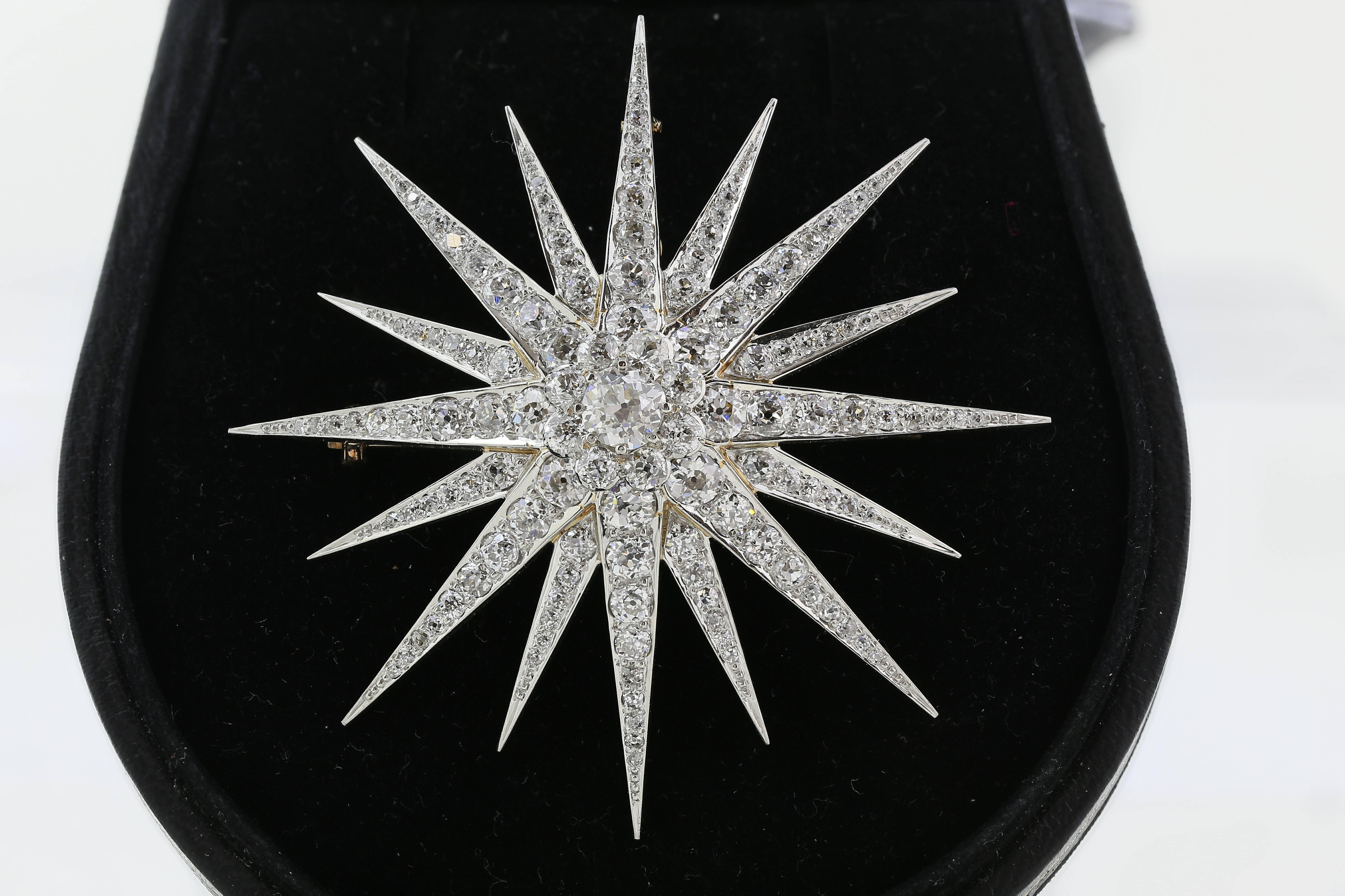 Old European Cut 10 Carat Diamond Edwardian Star Burst Pin For Sale
