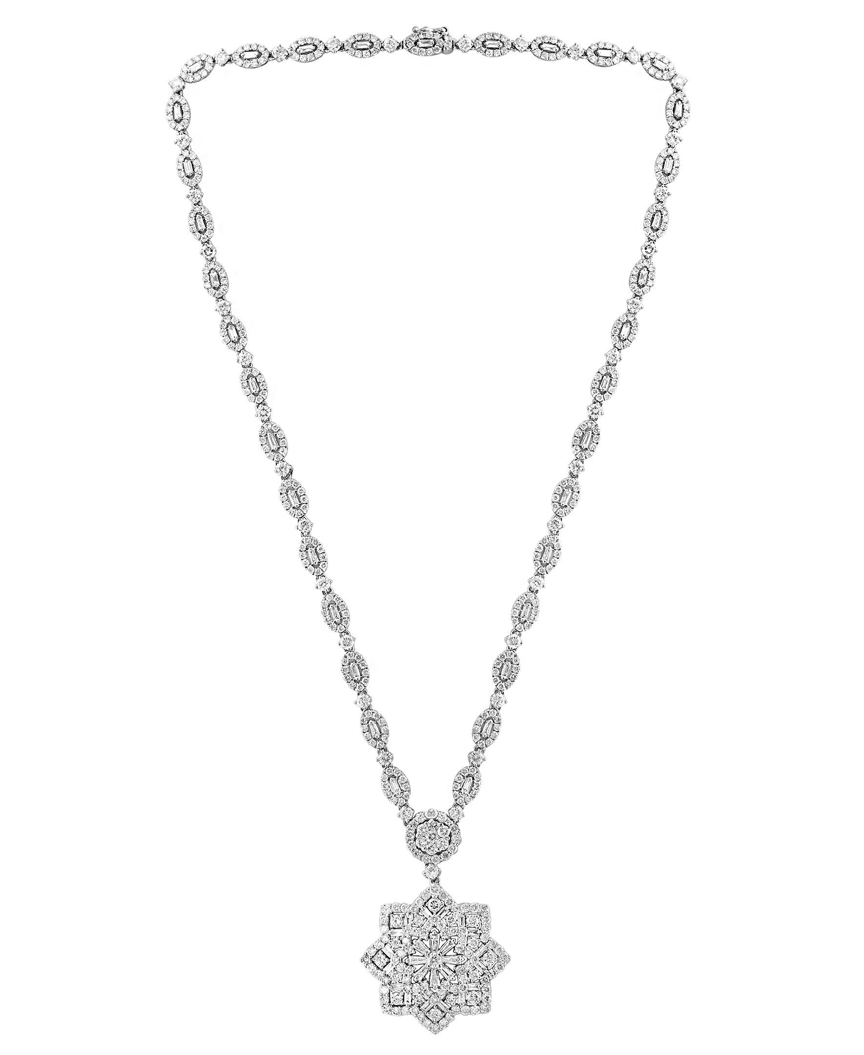 
10.93 carats of VS 2 to SI1 quality of Diamonds all mounted in 18 karat White  gold. Weight of the necklace is 19 Grams . The pendulum of necklace is made in a flower shape with round and Buggets Diamonds.
Very affordable price for this particular