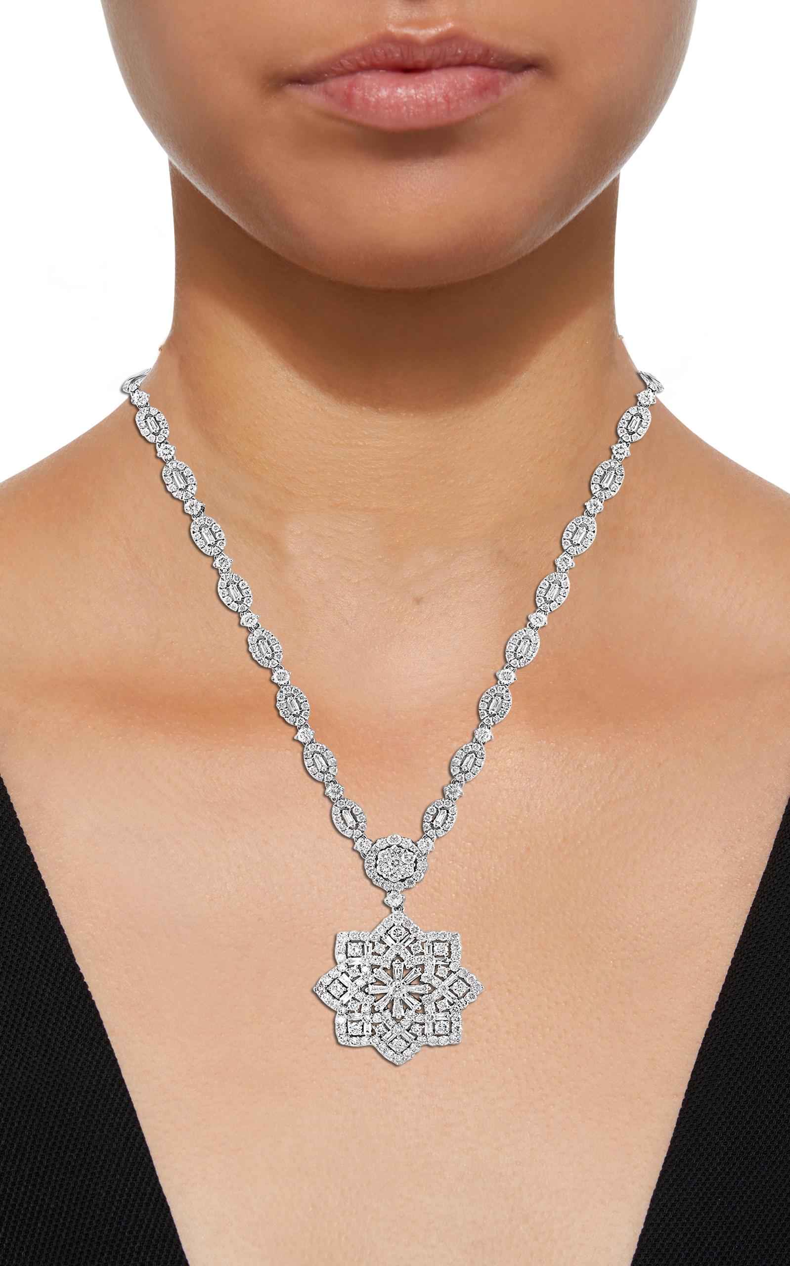 Women's 10 Carat Diamond Flower Necklace 18 Karat White Gold Bridal