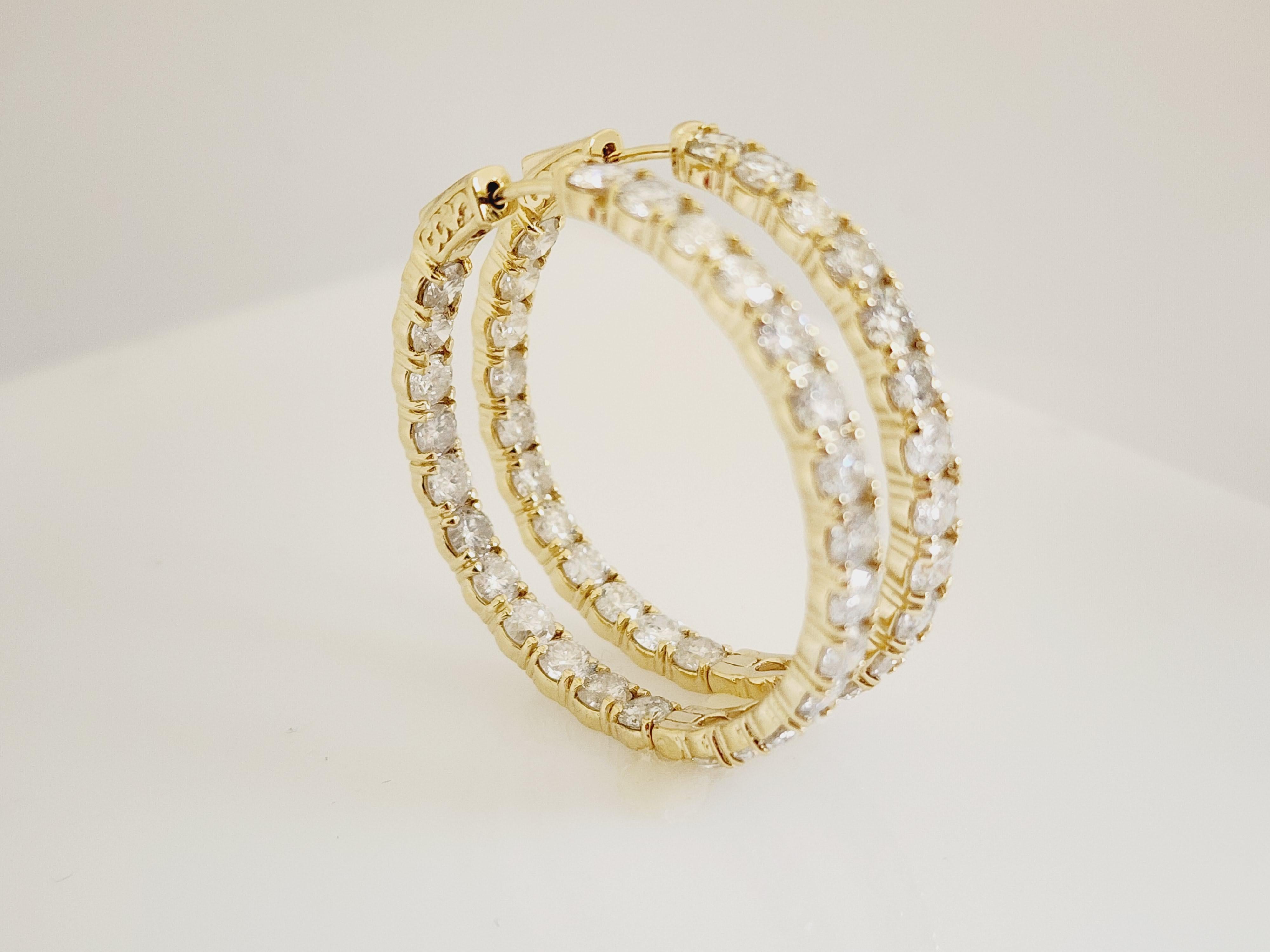 Round Cut 10 Carat Diamond Hoops Earrings 14 Karat Yellow Gold For Sale