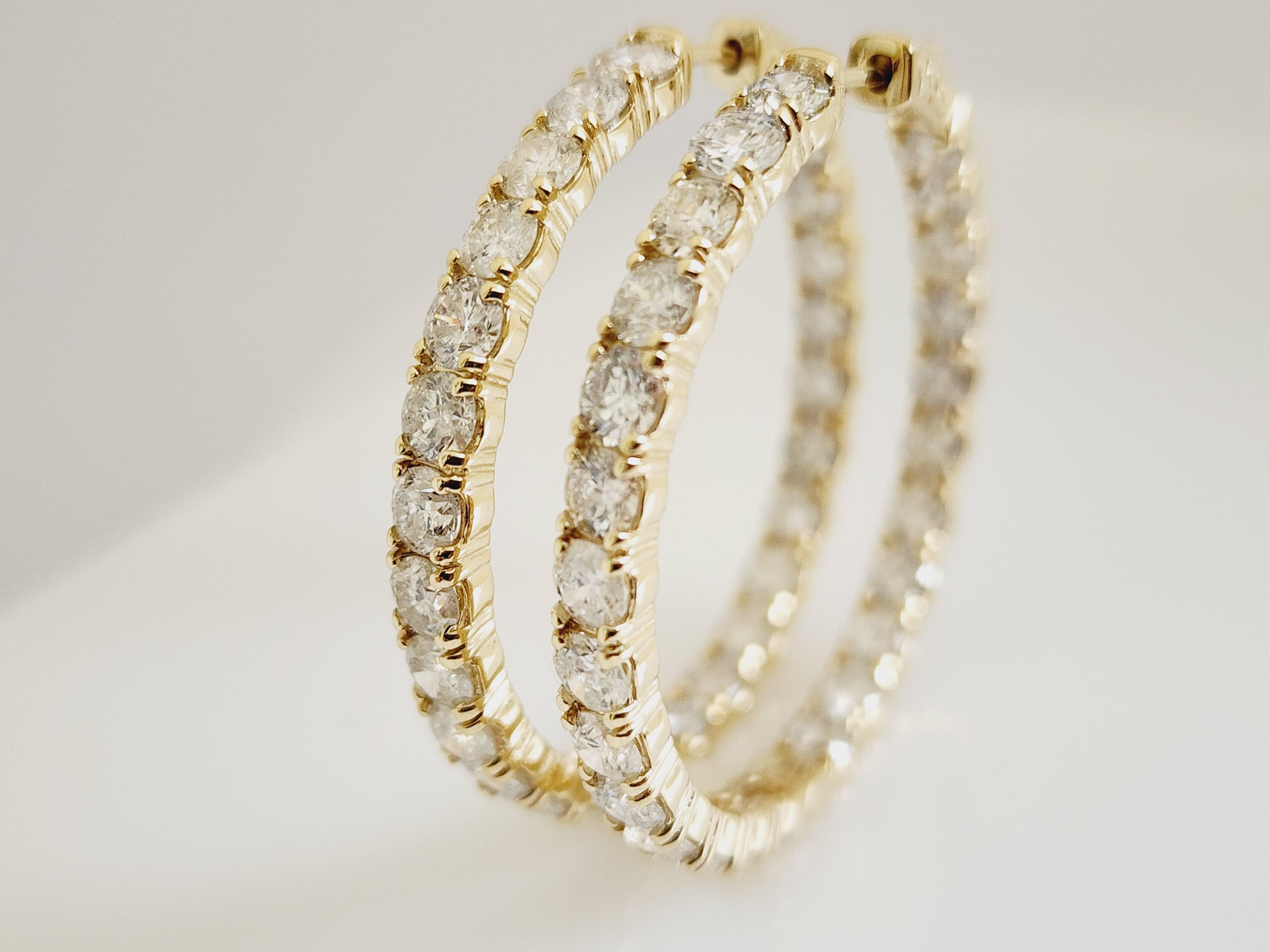 10 Carat Diamond Hoops Earrings 14 Karat Yellow Gold In New Condition For Sale In Great Neck, NY