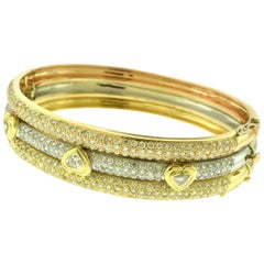 10 Carat Diamond Paved Heart Bangle in Tri-Color Yellow, White, and Rose Gold