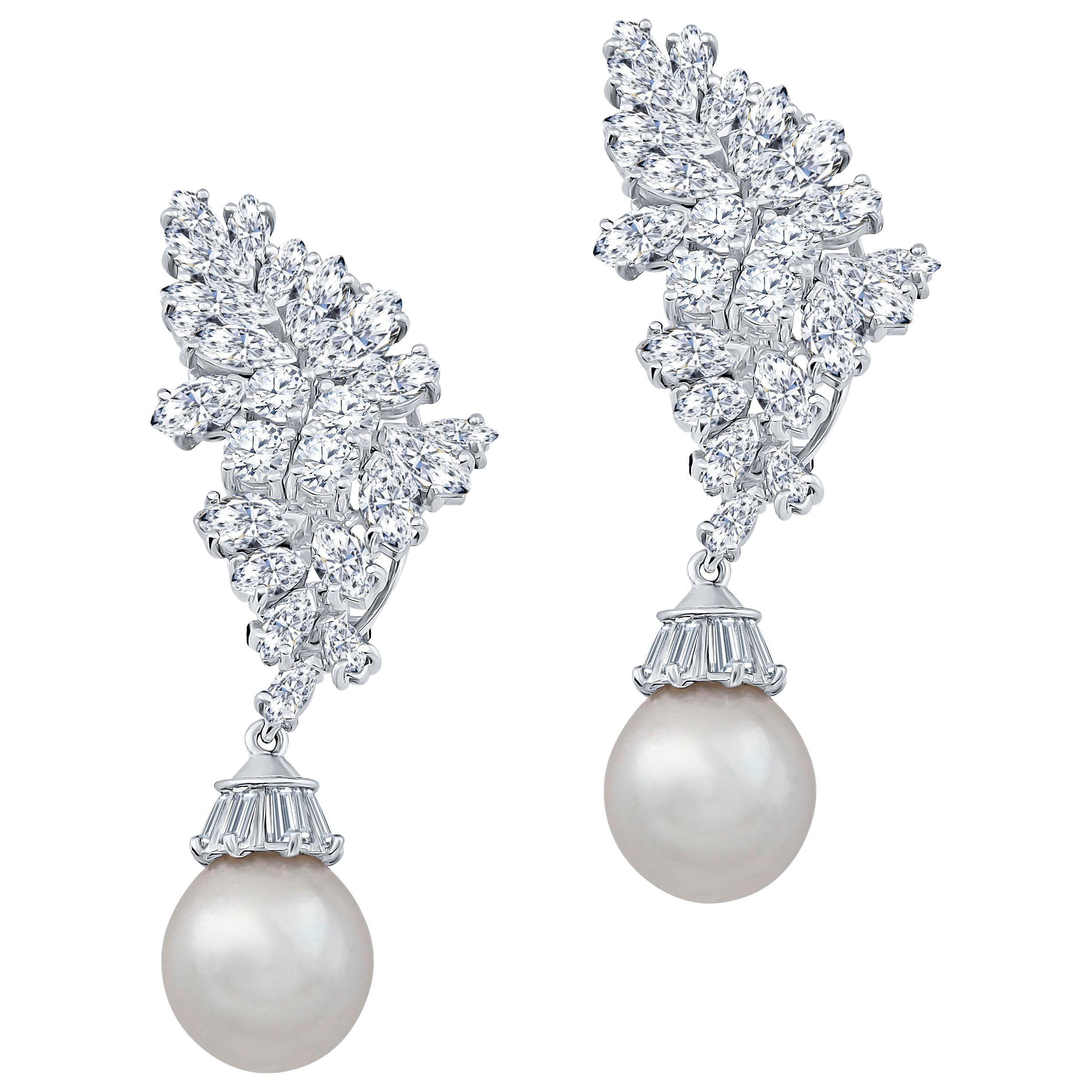 Vintage 10 Carat Diamond and Pearl Drop Convertible Earrings 18 Karat White Gold For Sale