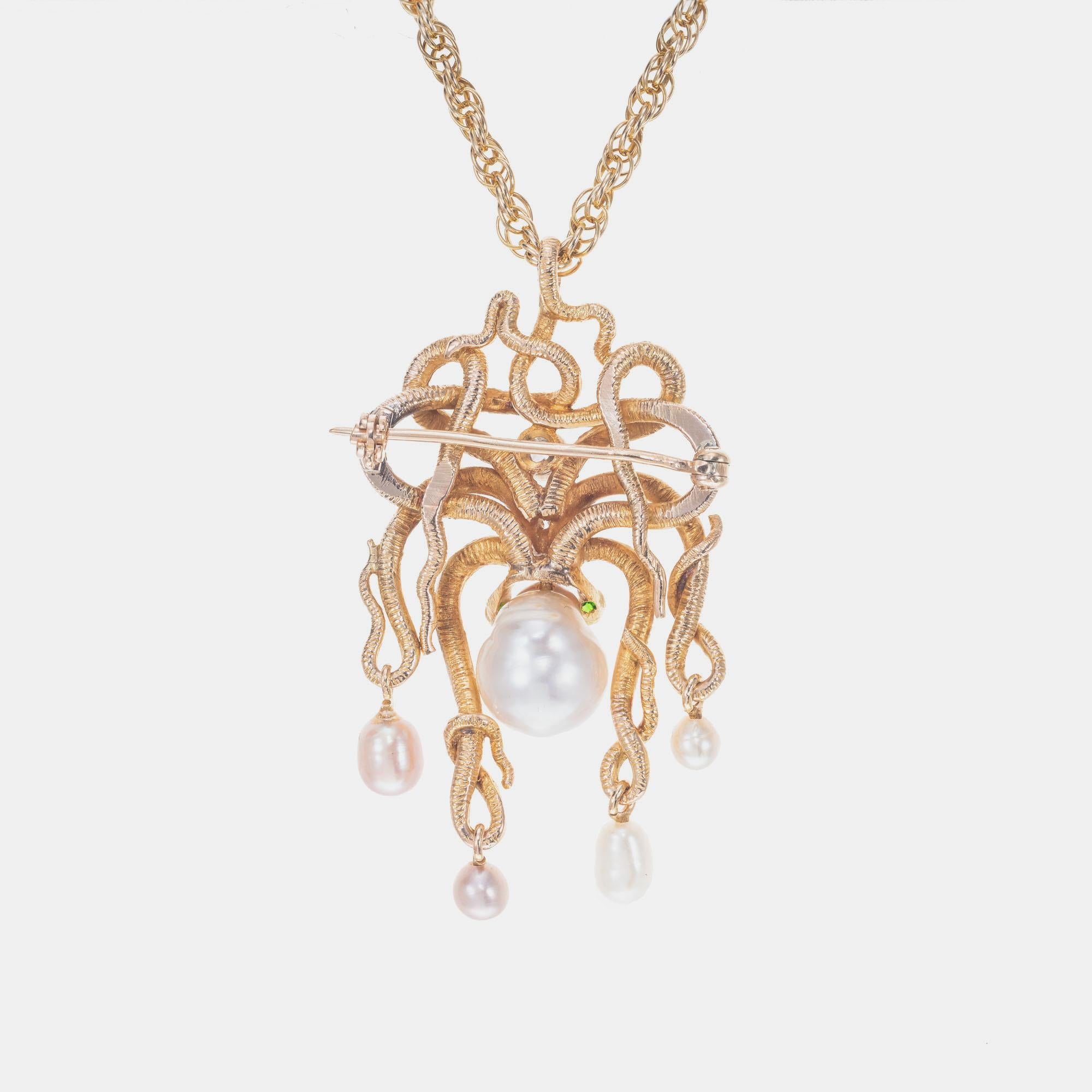 Old European Cut .10 Carat Diamond Pearl Garnet Yellow Gold Octopus Brooch Pendant Necklace