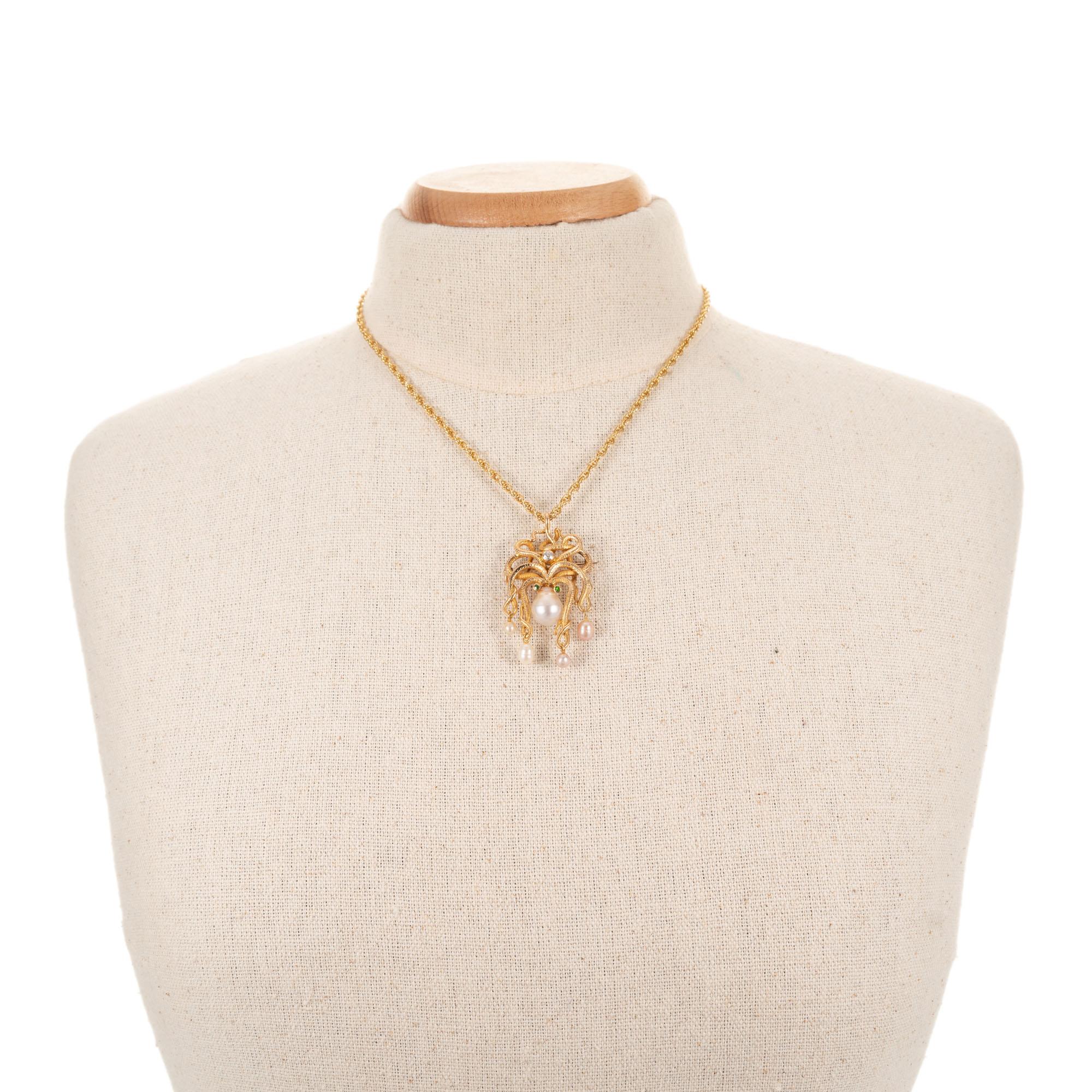 Women's .10 Carat Diamond Pearl Garnet Yellow Gold Octopus Brooch Pendant Necklace
