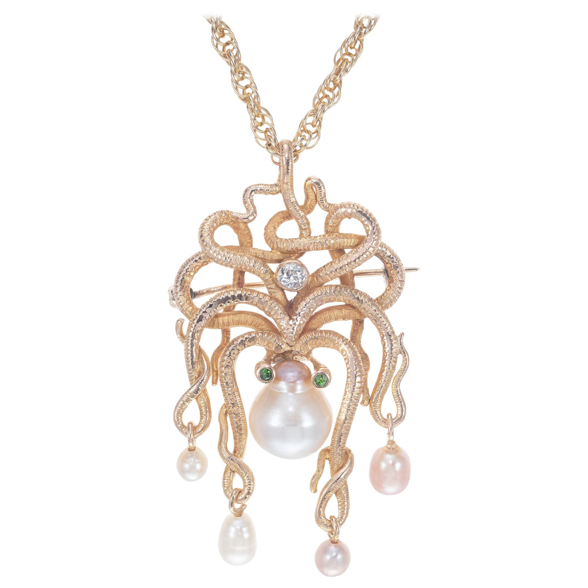 .10 Carat Diamond Pearl Garnet Yellow Gold Octopus Brooch Pendant Necklace