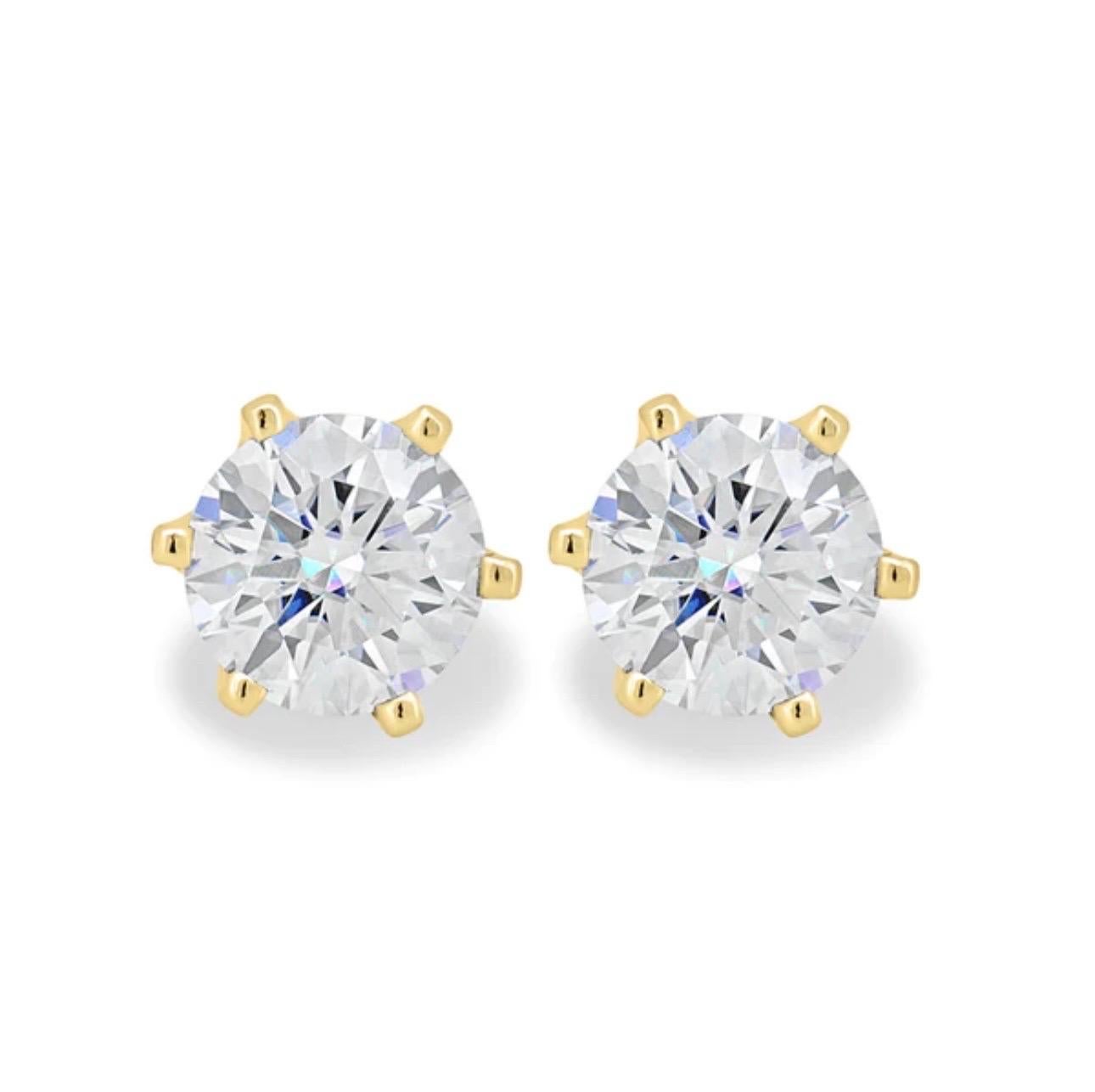 1.0 Carat Diamond Solitaire Stud Earrings 6 Prongs Screw Back 14 Kt Yellow Gold For Sale 2