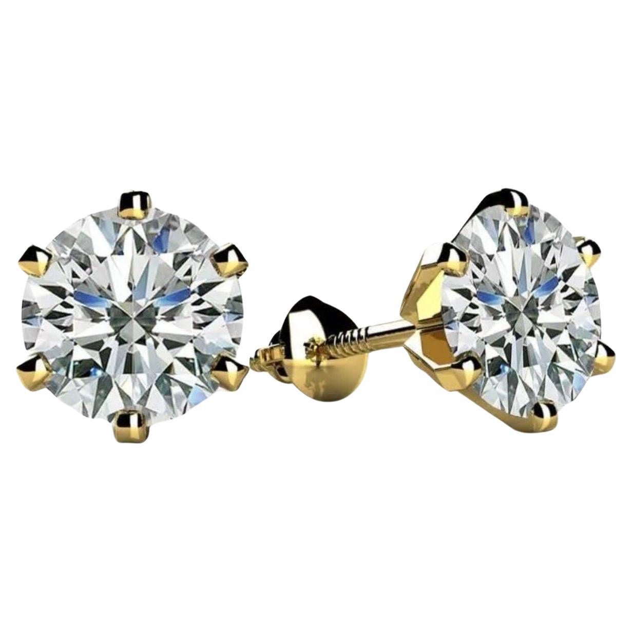 1.0 Carat Diamond Solitaire Stud Earrings 6 Prongs Screw Back 14 Kt Yellow Gold For Sale