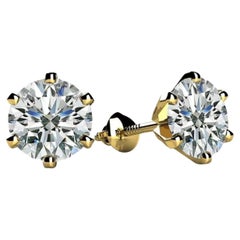 1.0 Carat Diamond Solitaire Stud Earrings 6 Prongs Screw Back 14 Kt Yellow Gold