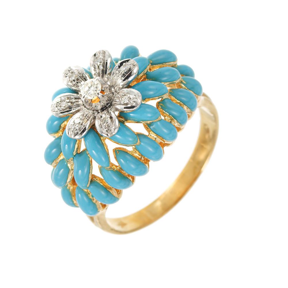 1950's Mid Century diamond enamel cluster cocktail ring.  7 round brilliant cut diamonds in a 18k white gold flower design in a dome cluster of robin egg blue enamel. 18k yellow gold setting.  

1 round brilliant cut diamond, H SI approx. .6cts
1