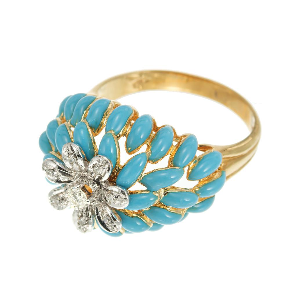 Round Cut .10 Carat Diamond Two Tone Gold Enamel Dome Cluster Cocktail Ring For Sale