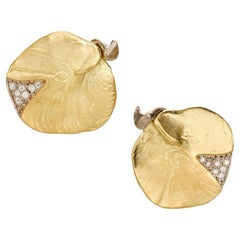 Retro .10 Carat Diamond Yellow White Gold Artisan Clip Post Earrings