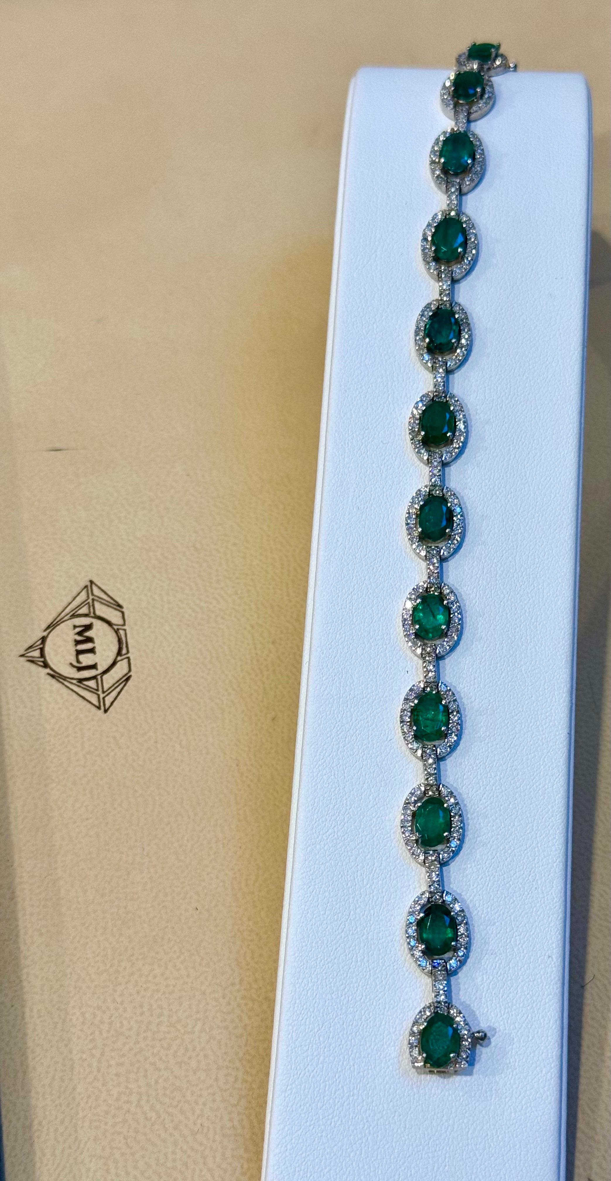 Oval Cut 10 Carat Emerald & 3 Carat Diamond Tennis Bracelet 14 Karat White Gold, 16.8 GM For Sale