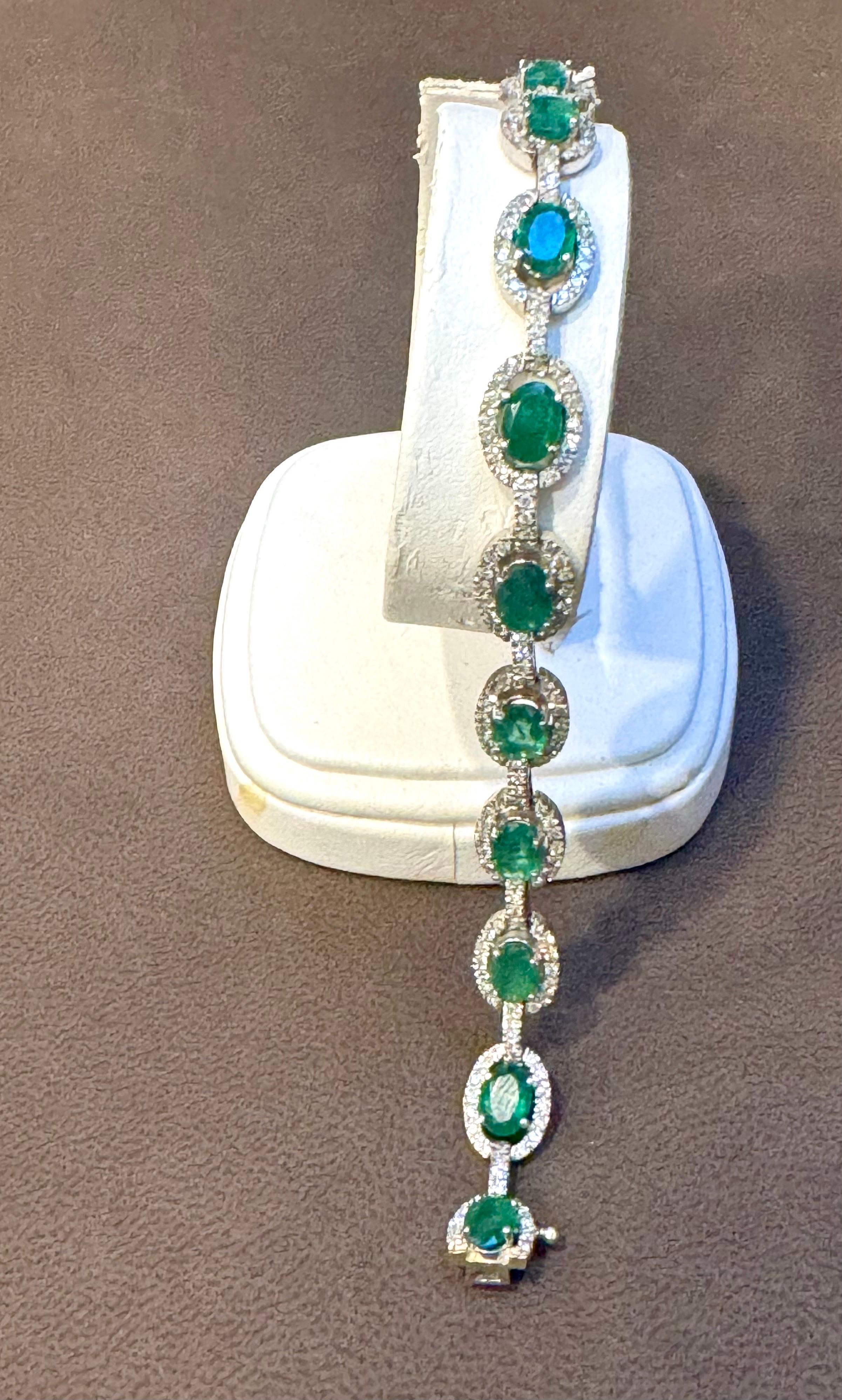 10 Carat Emerald & 3 Carat Diamond Tennis Bracelet 14 Karat White Gold, 16.8 GM In Excellent Condition For Sale In New York, NY