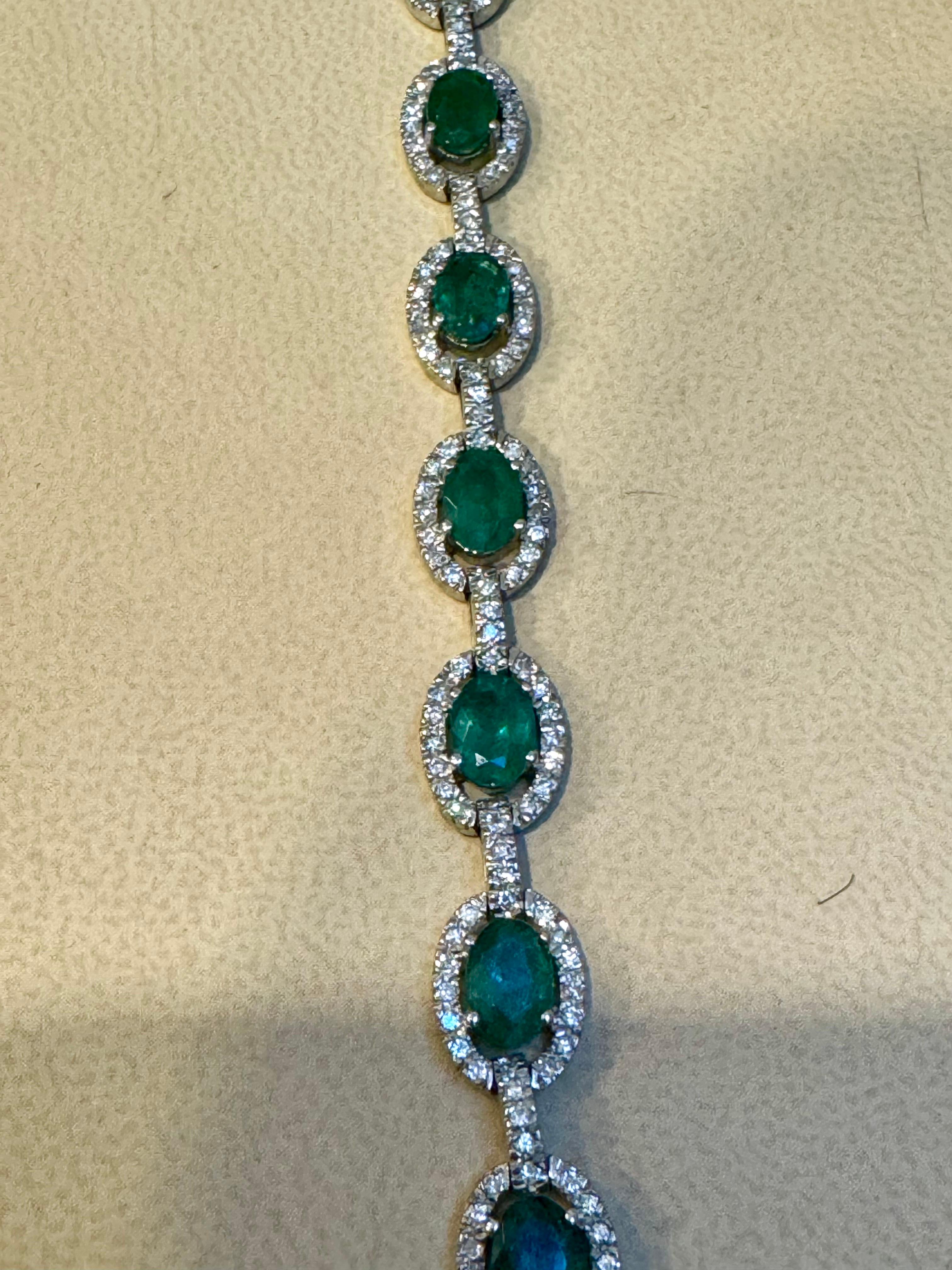 Oval Cut 10 Carat Emerald & 3 Carat Diamond Tennis Bracelet 14 Karat White Gold, 17.1 GM