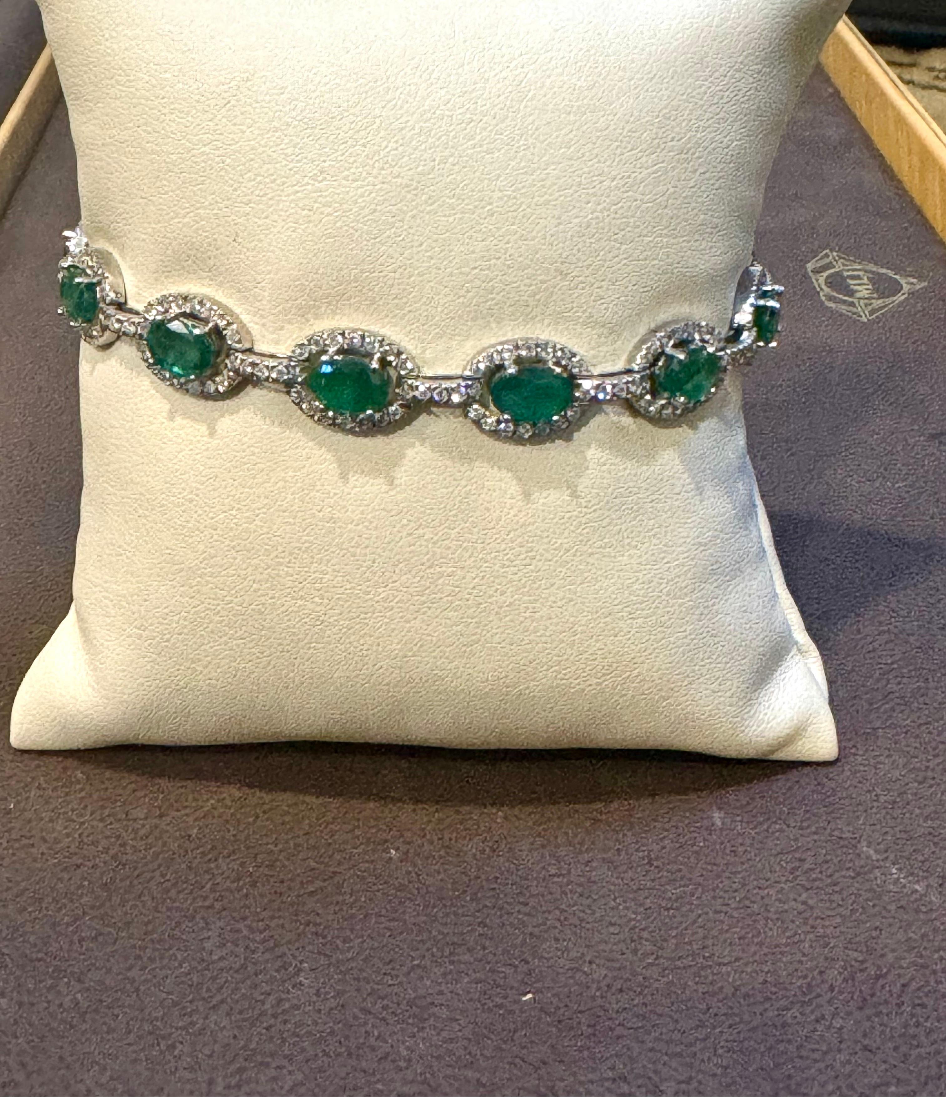Women's 10 Carat Emerald & 3 Carat Diamond Tennis Bracelet 14 Karat White Gold, 17.1 GM