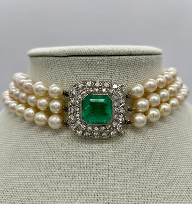 10 Carat Emerald & 3.60CTW Diamond Pearl Choker Necklace in 18K White Gold  For Sale 6