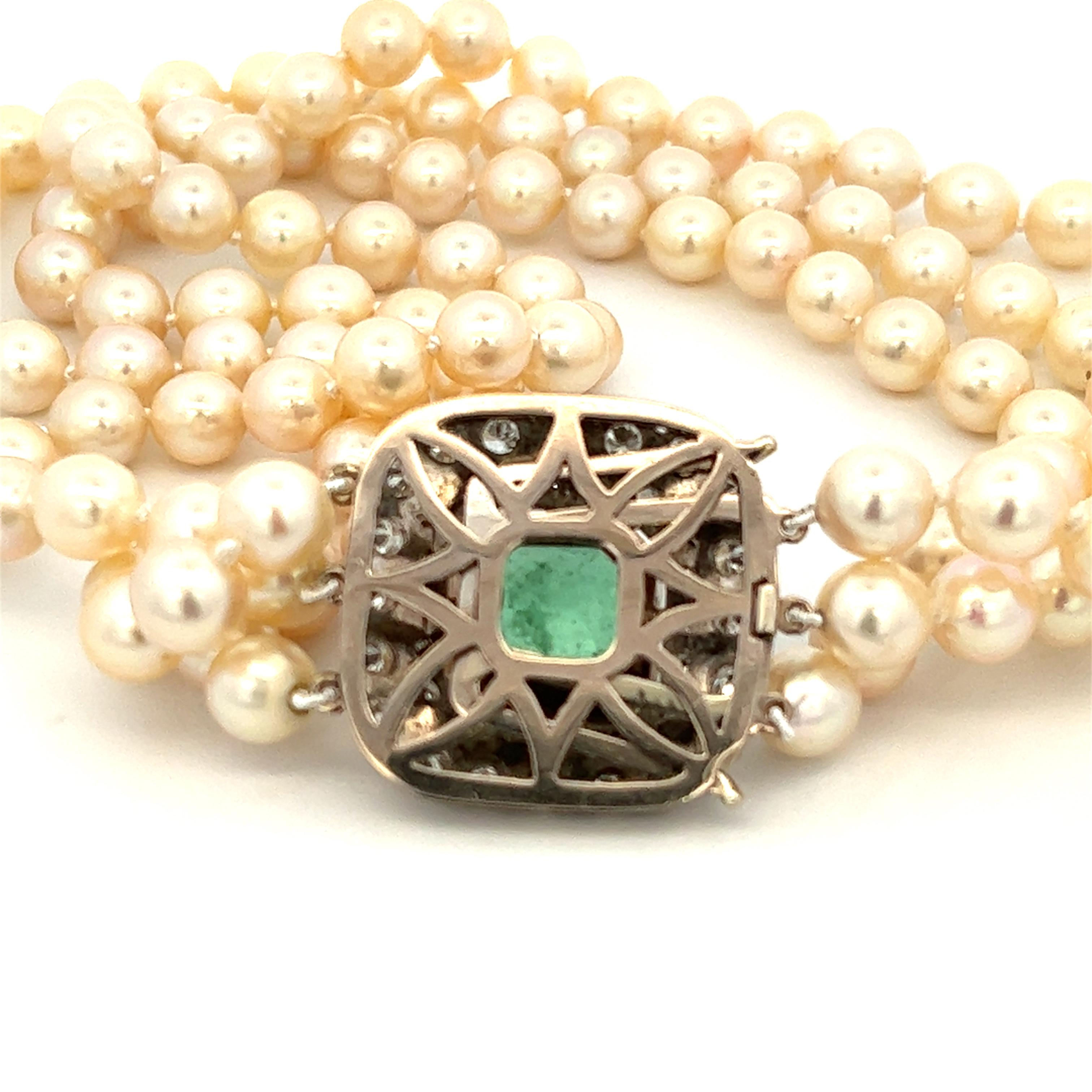 Square Cut 10 Carat Emerald & 3.60CTW Diamond Pearl Choker Necklace in 18K White Gold  For Sale