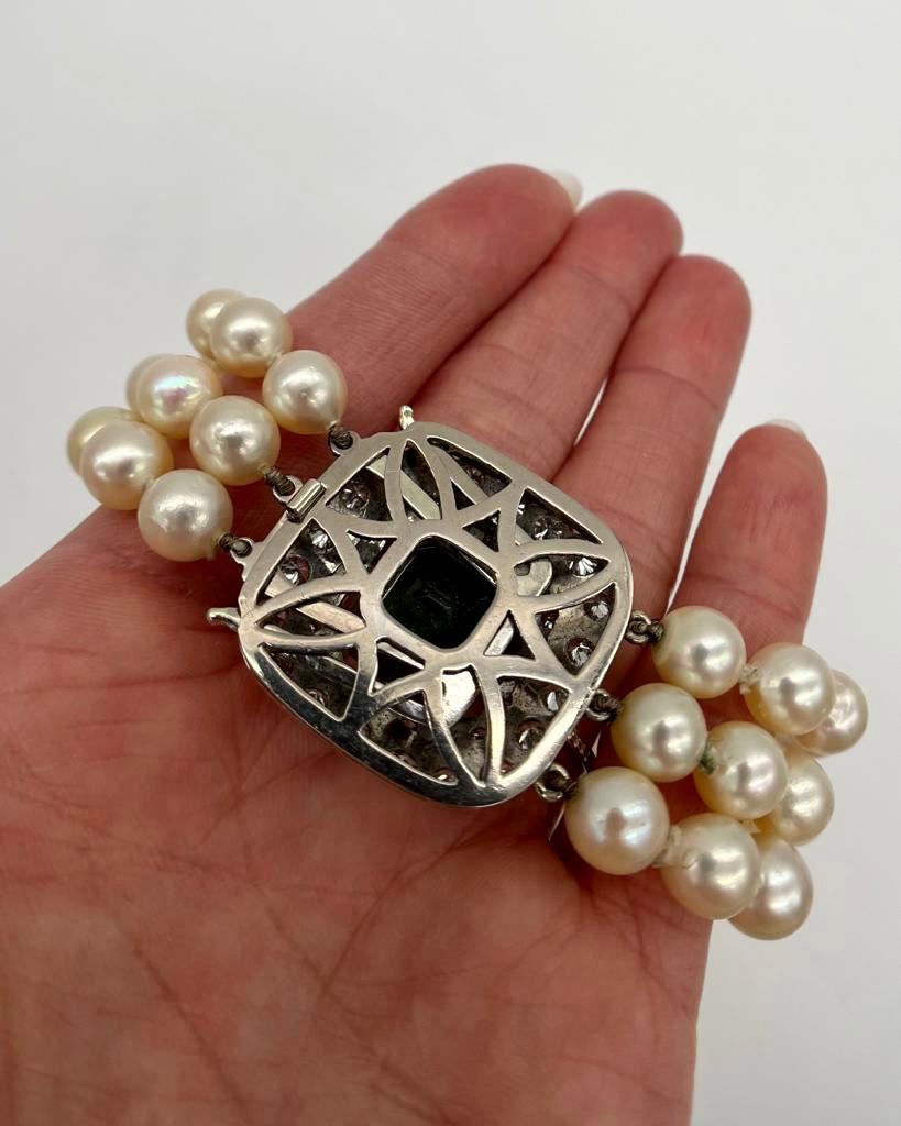 10 Karat Smaragd & 3,60 Karat Diamant Perlen Choker Halskette aus 18 Karat Weißgold  im Angebot 2