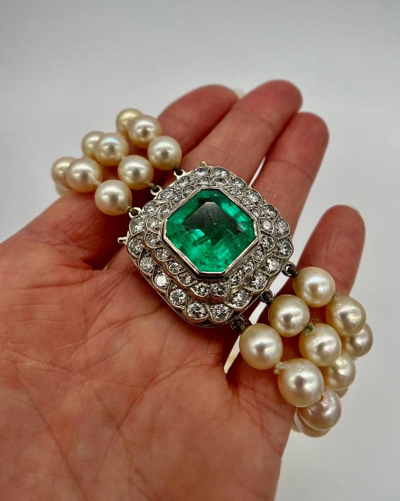 10 Karat Smaragd & 3,60 Karat Diamant Perlen Choker Halskette aus 18 Karat Weißgold  im Angebot 3