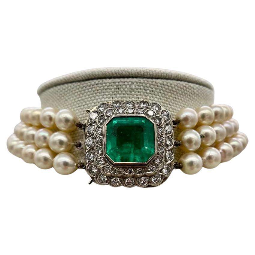 10 Karat Smaragd & 3,60 Karat Diamant Perlen Choker Halskette aus 18 Karat Weißgold  im Angebot