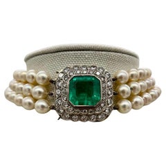 10 Carat Emerald & 3.60CTW Diamond Pearl Choker Necklace in 18K White Gold 