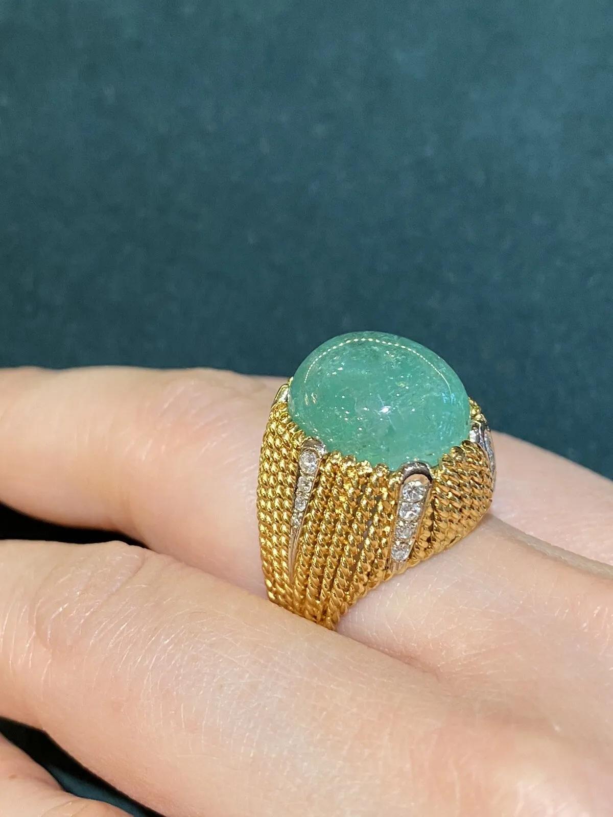 10 carat Emerald Cabochon and Diamond High Dome Cocktail Ring For Sale 4