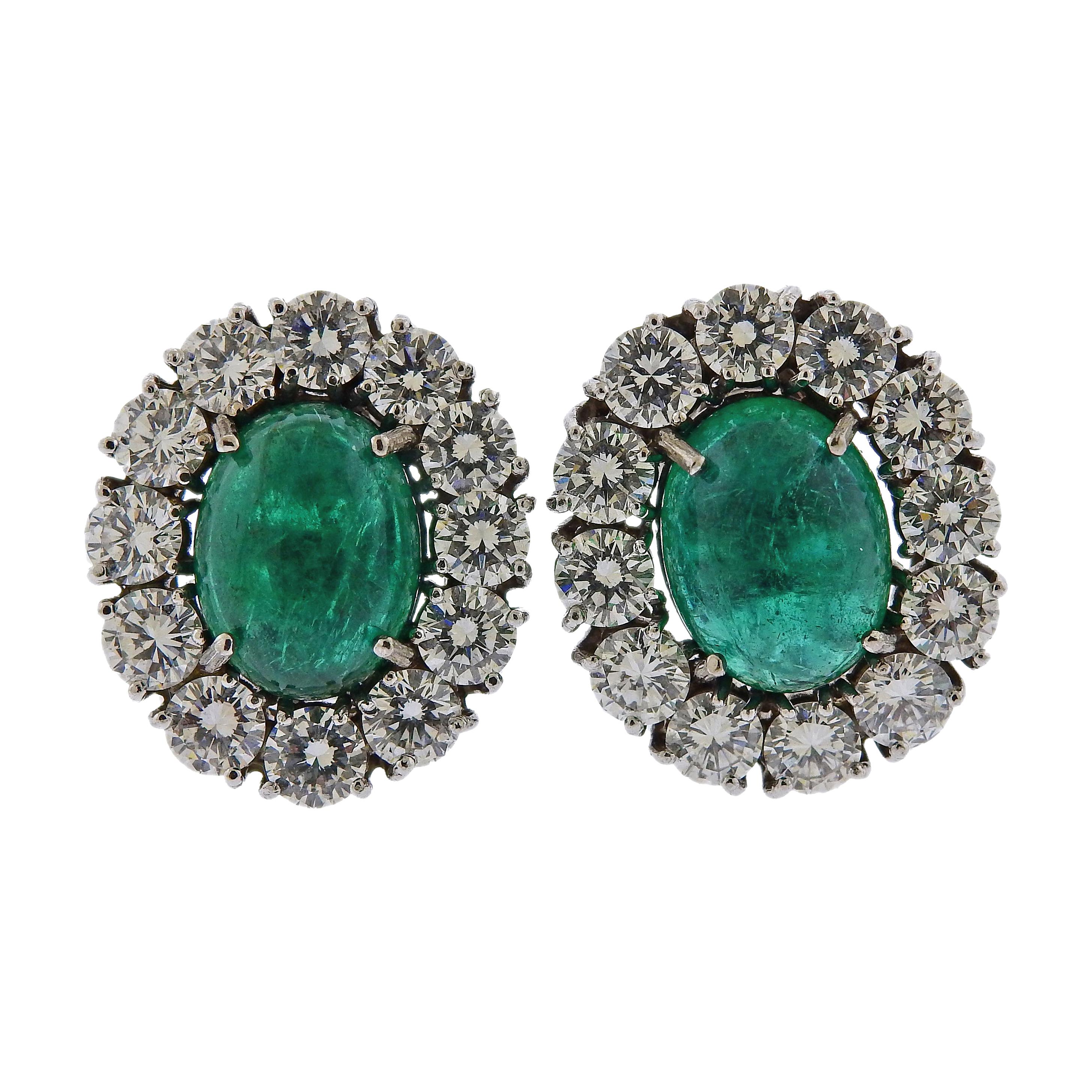 12 Carat Emerald Cabochon Diamond Gold Cocktail Earrings For Sale