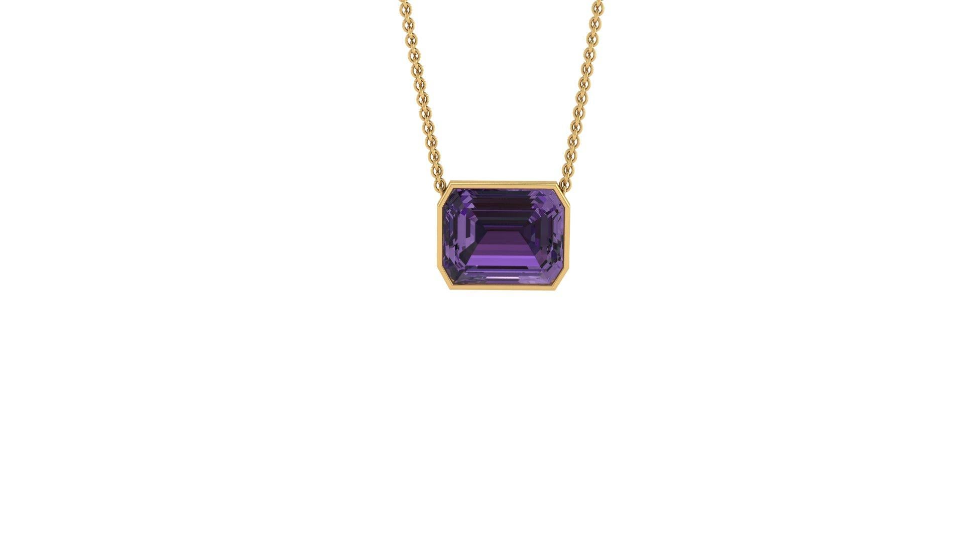 10 Carat Emerald cut Amethyst in 18K Yellow gold thin bezel Necklace Pendant
The necklace length can be adjusted at 18