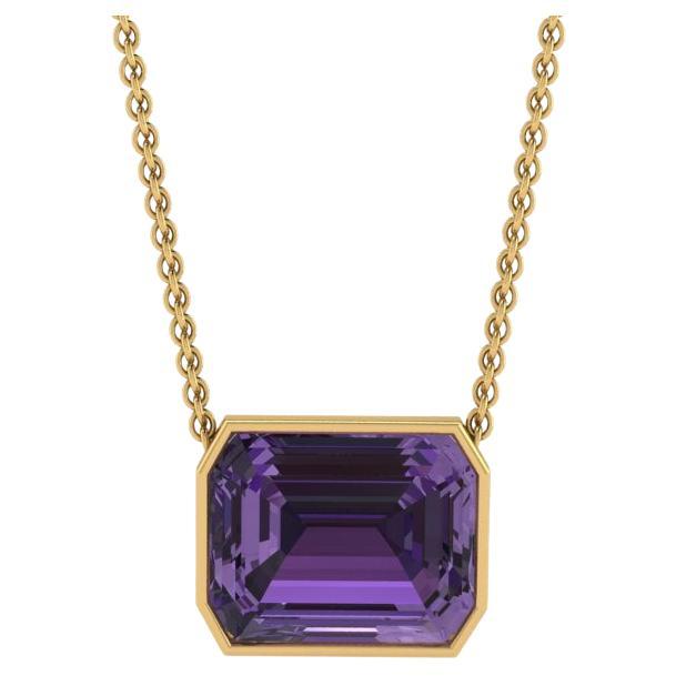 10 Carat Emerald Cut Amethyst in 18K Yellow Gold Thin Bezel Necklace Pendant For Sale