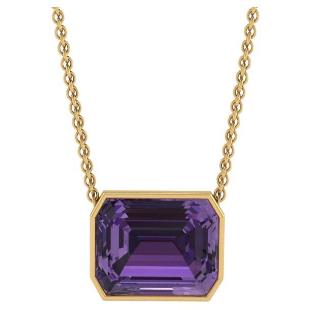 10 Carat Emerald Cut Amethyst in 18K Yellow Gold Thin Bezel Necklace Pendant