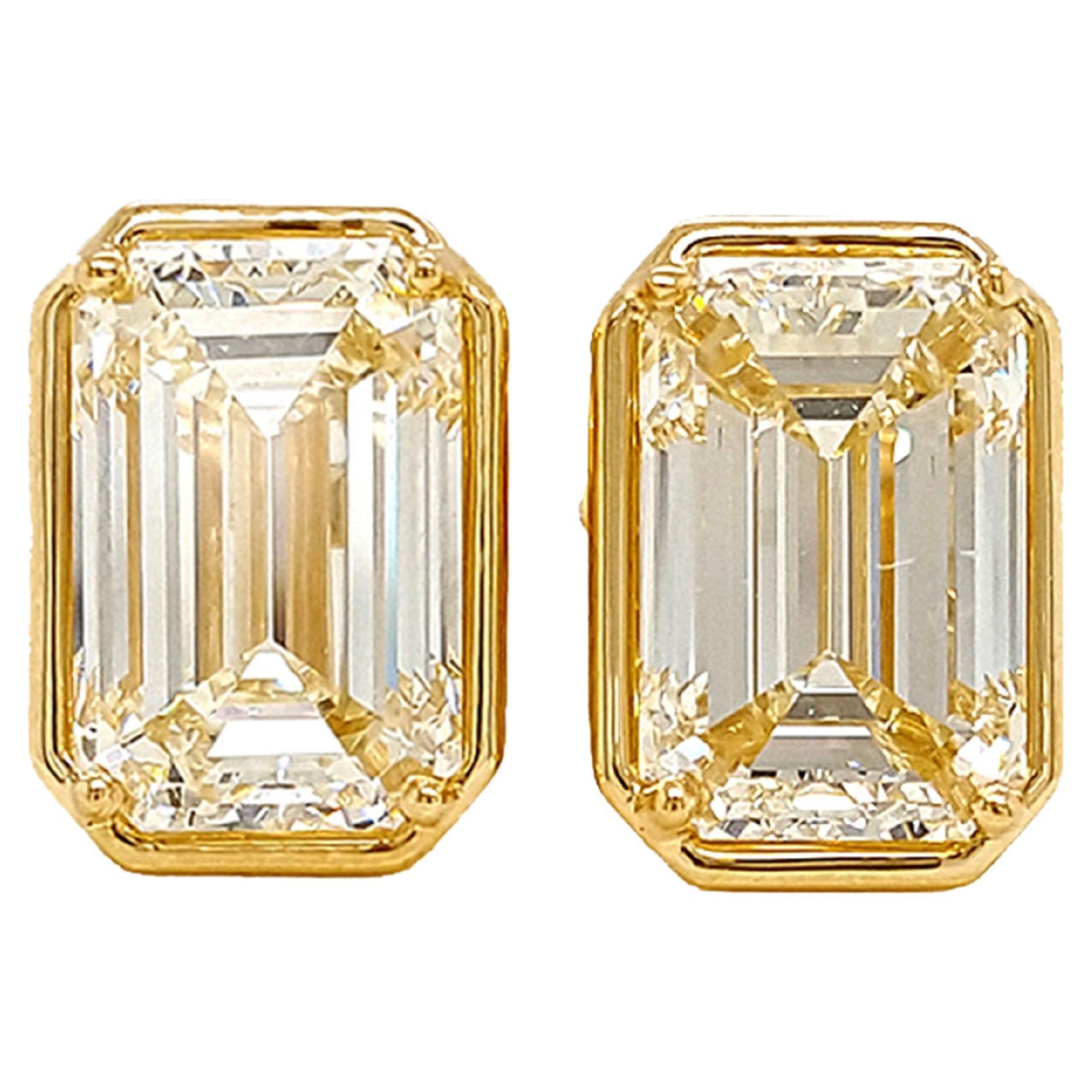 10 Carat Emerald Cut Diamond Stud Earrings Set in 18k Gold Bezel, GIA Certified