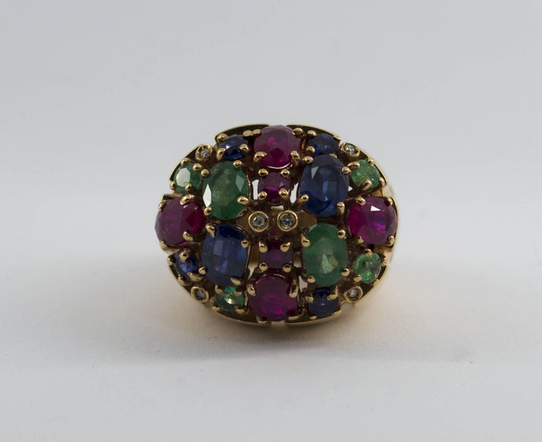 10 Carat Emerald Ruby Sapphire Diamond Yellow Gold Cocktail Ring at 1stdibs