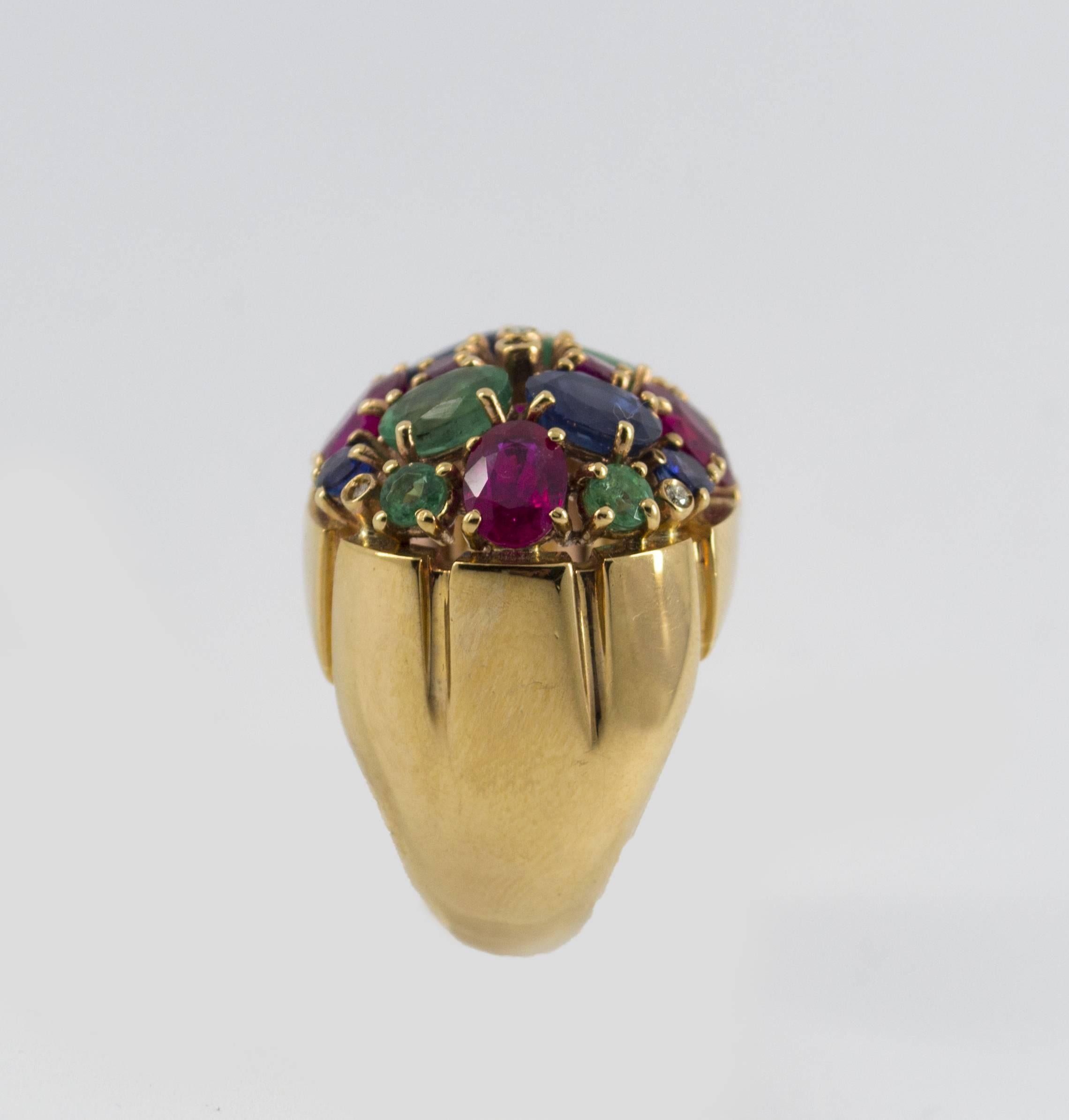 Women's or Men's 10 Carat Emerald Ruby Sapphire Diamond Yellow Gold Cocktail Ring