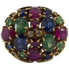 10 Carat Emerald Ruby Sapphire Diamond Yellow Gold Cocktail Ring