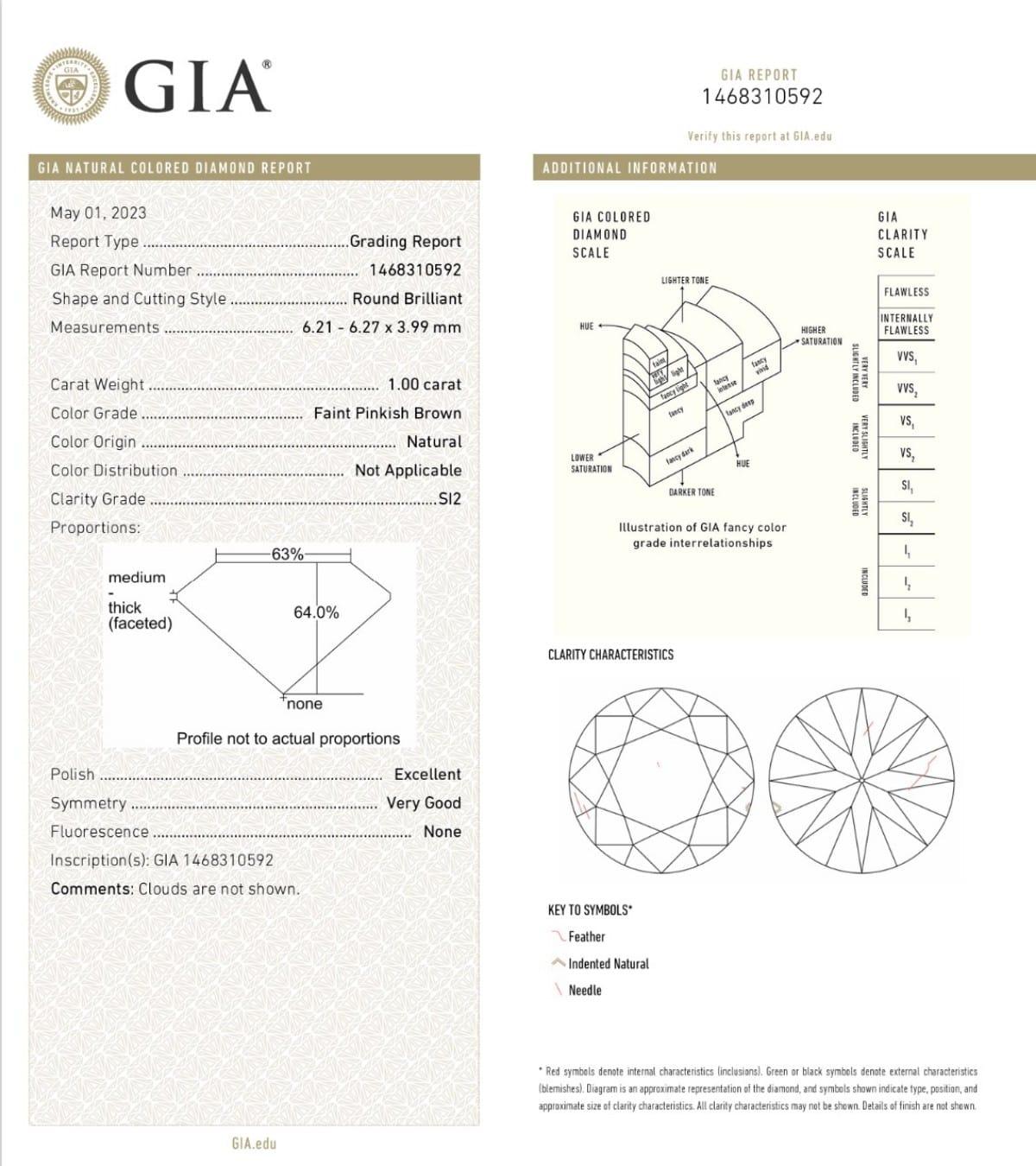 1.00 Carat Faint Pinkish Brown Round Cut Diamond SI2 Clarity GIA Certified (en anglais) en vente 1
