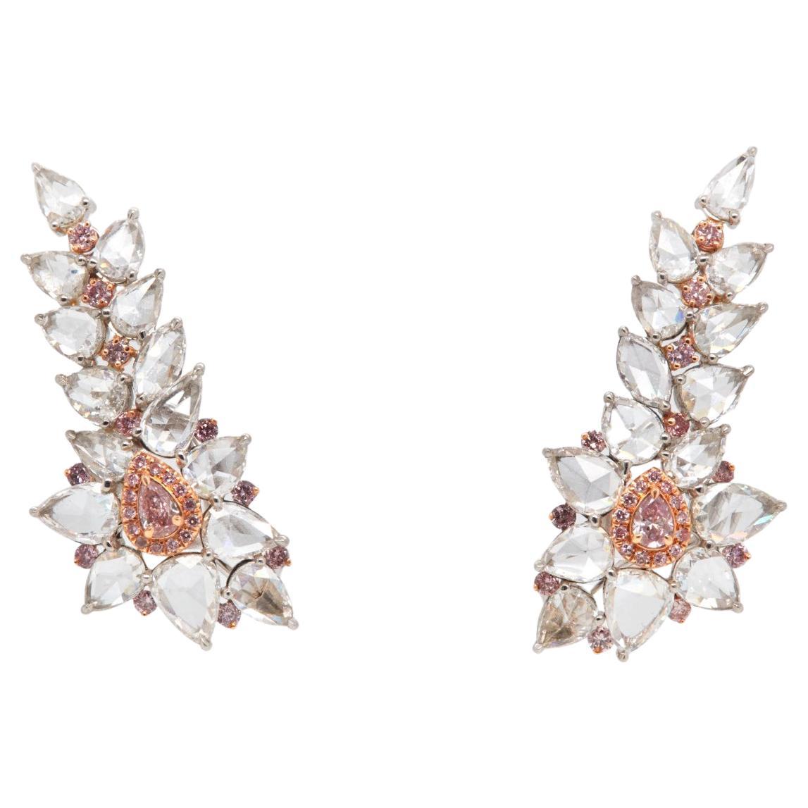 10 Carat Fancy Pink and White Diamond Cluster Earrings, GIA Certified 18K Gold