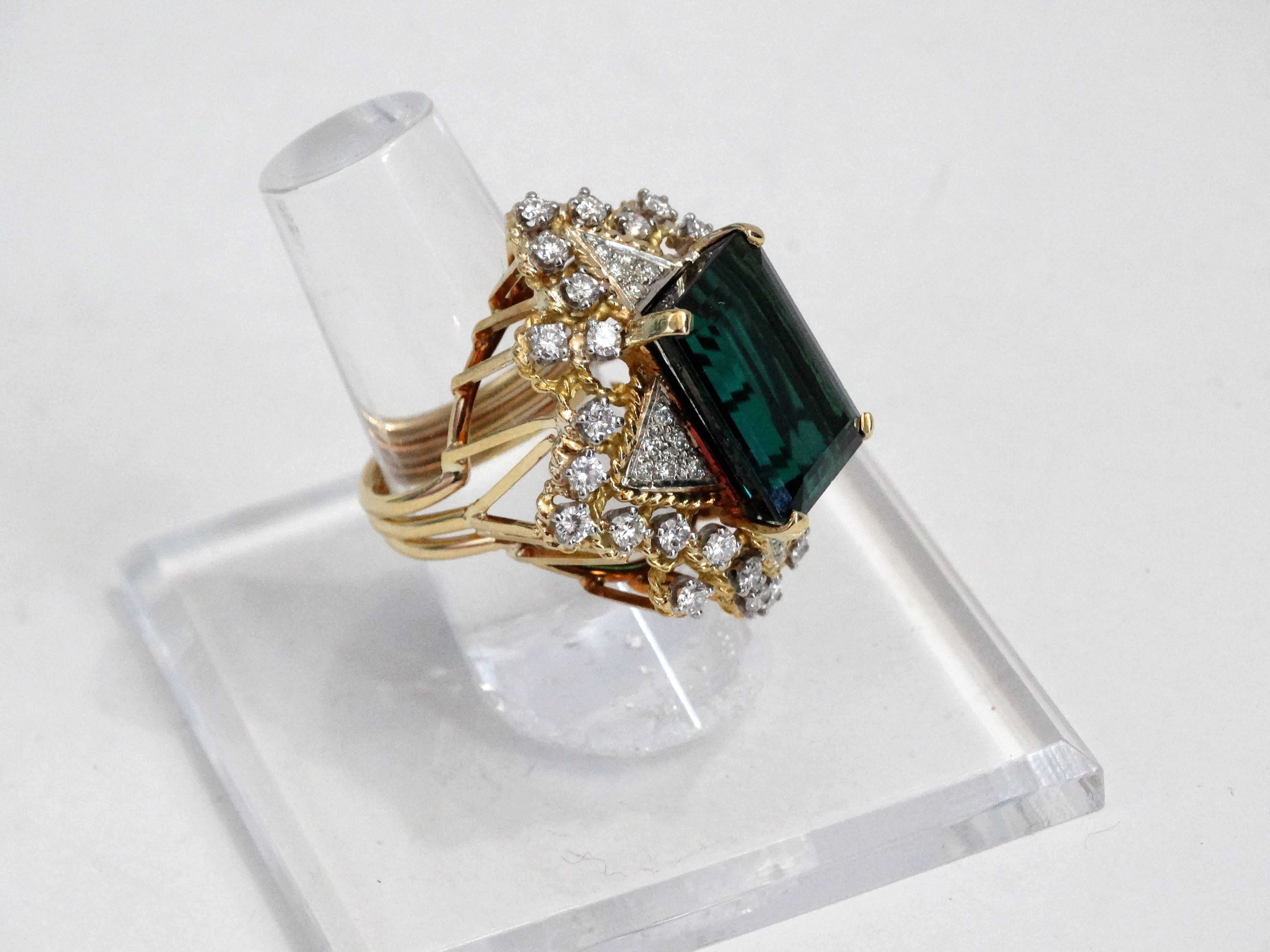 Art Deco 10 Carat Green Tourmaline Diamond Cocktail Ring  For Sale