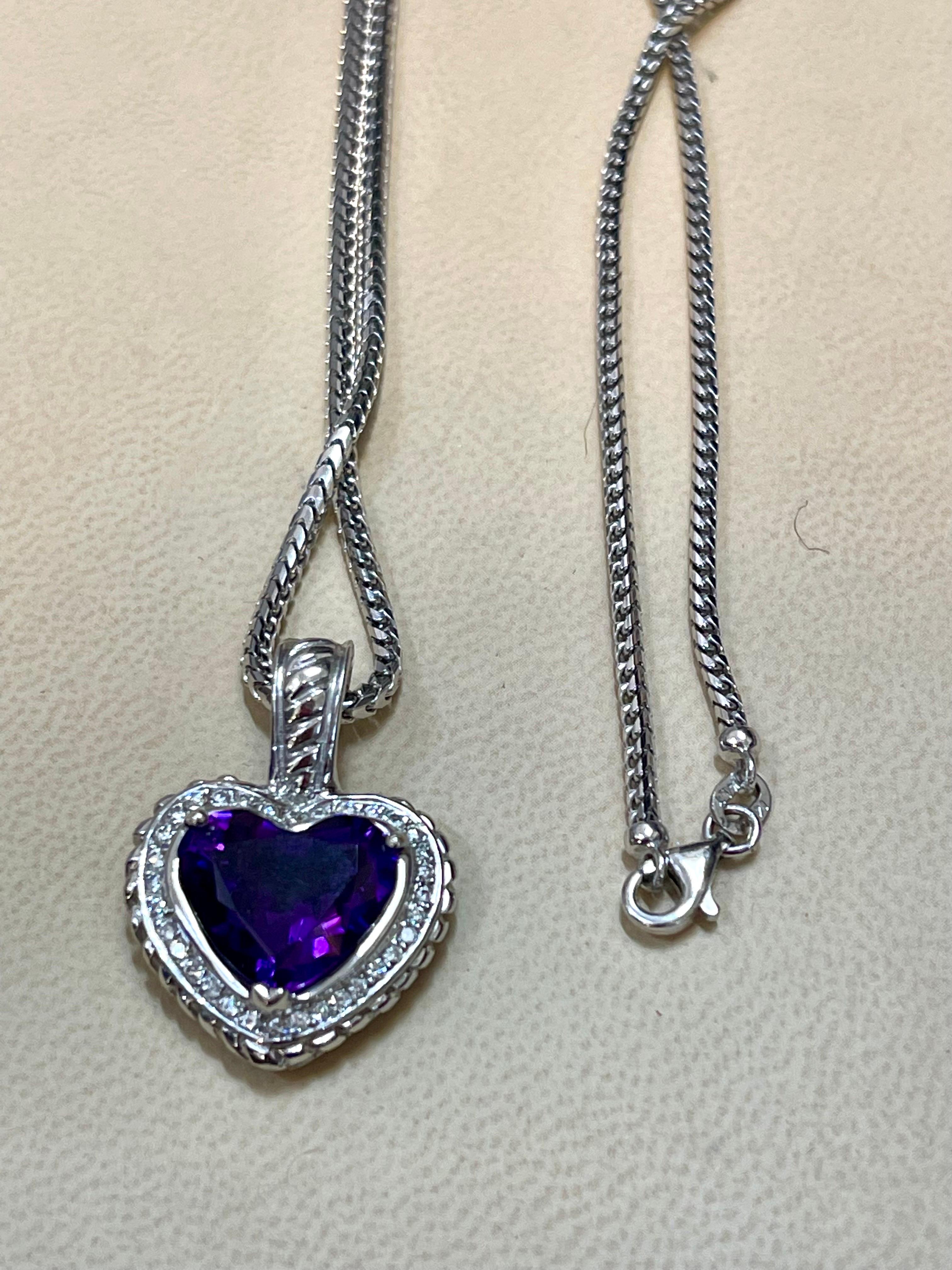10 Carat Heart Shape Amethyst & 1 Ct Diamond Pendant Necklace 18 Kt White Gold 3