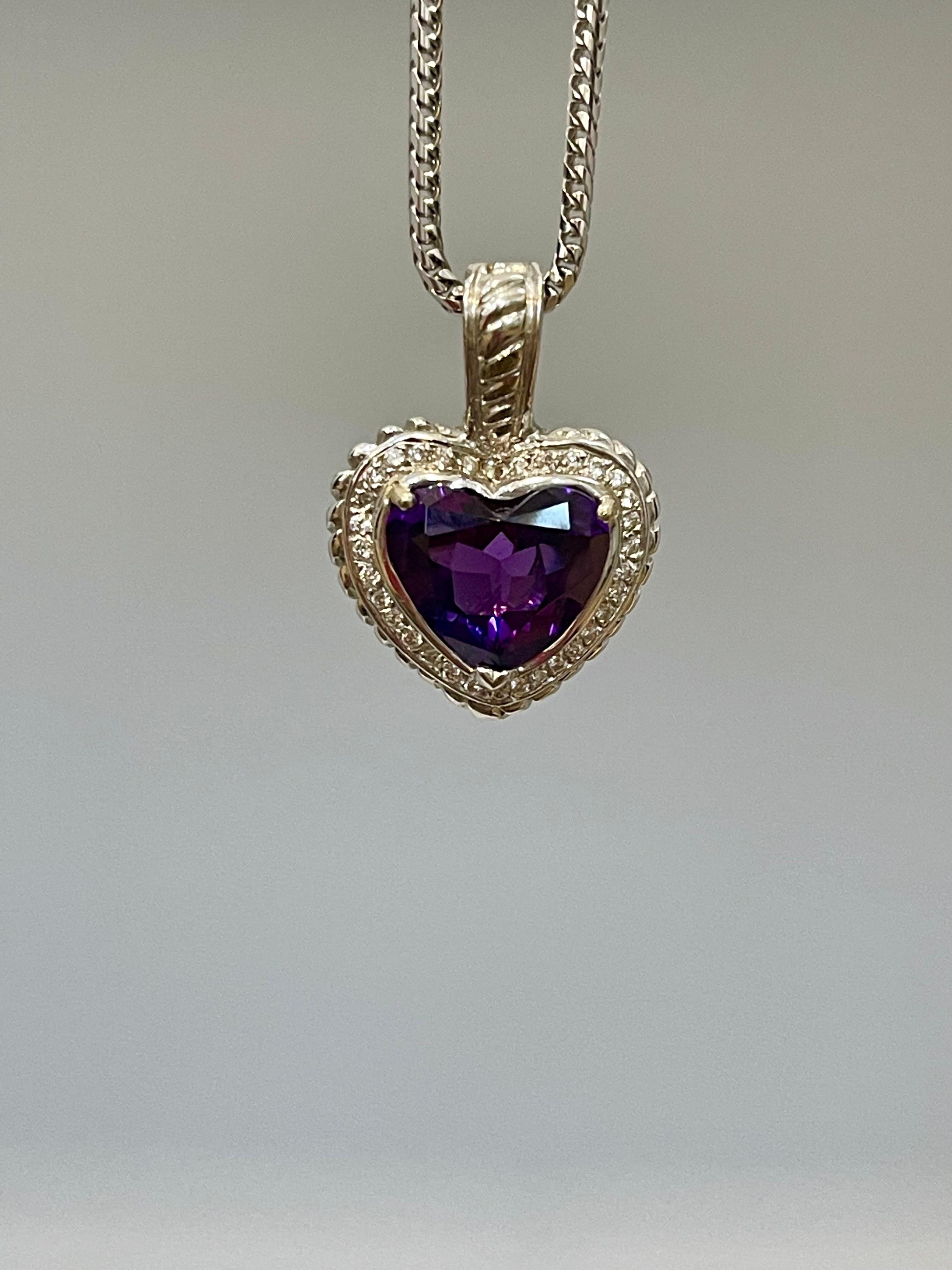 10 Carat Heart Shape Amethyst & 1 Ct Diamond Pendant Necklace 18 Kt White Gold 4
