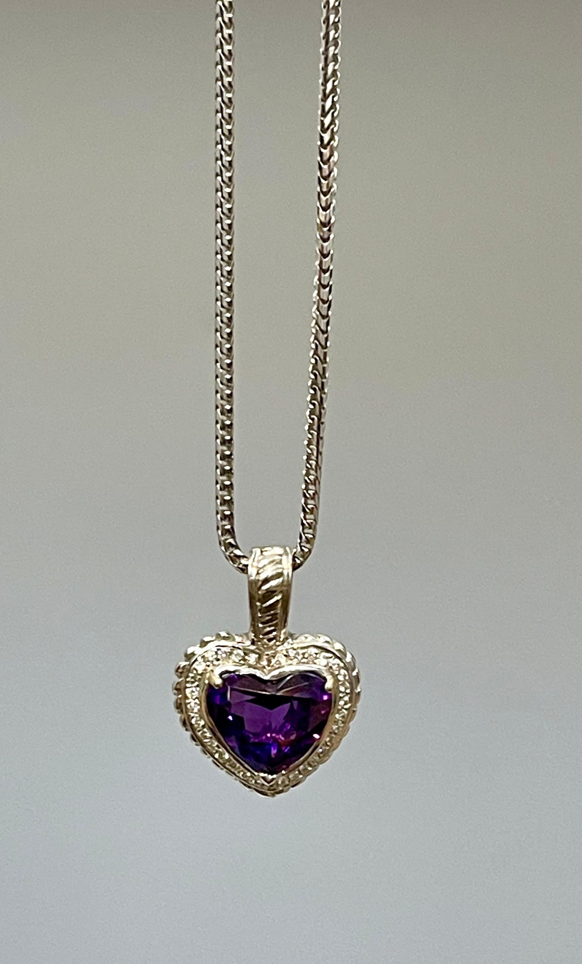 10 Carat Heart Shape Amethyst & 1 Ct Diamond Pendant Necklace 18 Kt White Gold 5