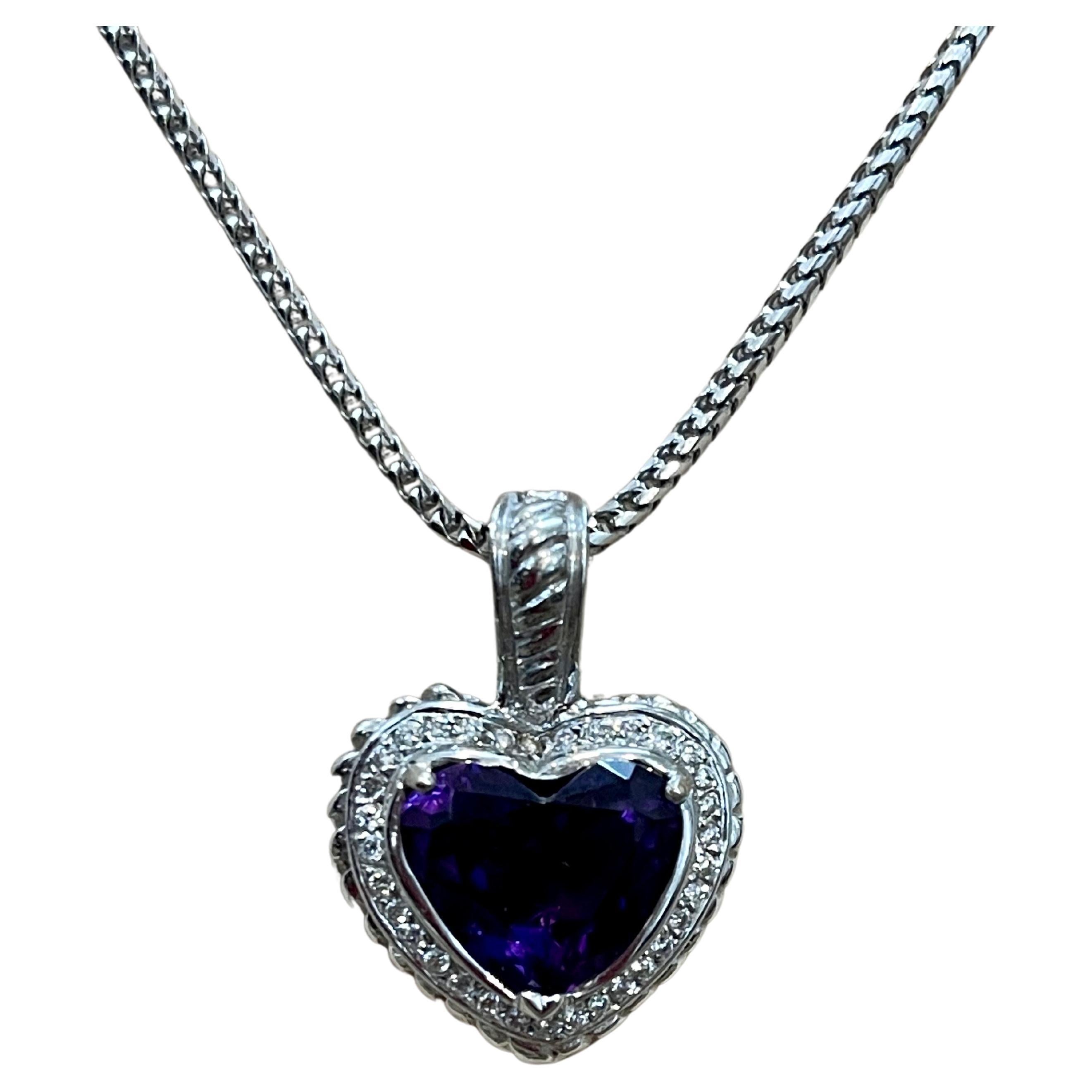   Approximately 10 Carat Heart Shape Amethyst & 1 Ct Diamond Pendant Necklace 18 Kt/14 Kt White Gold
This spectacular Pendant Necklace  consisting of a single large Perfect heart shape Amethyst , approximately 10 Carat.  The  Amethyst   Has